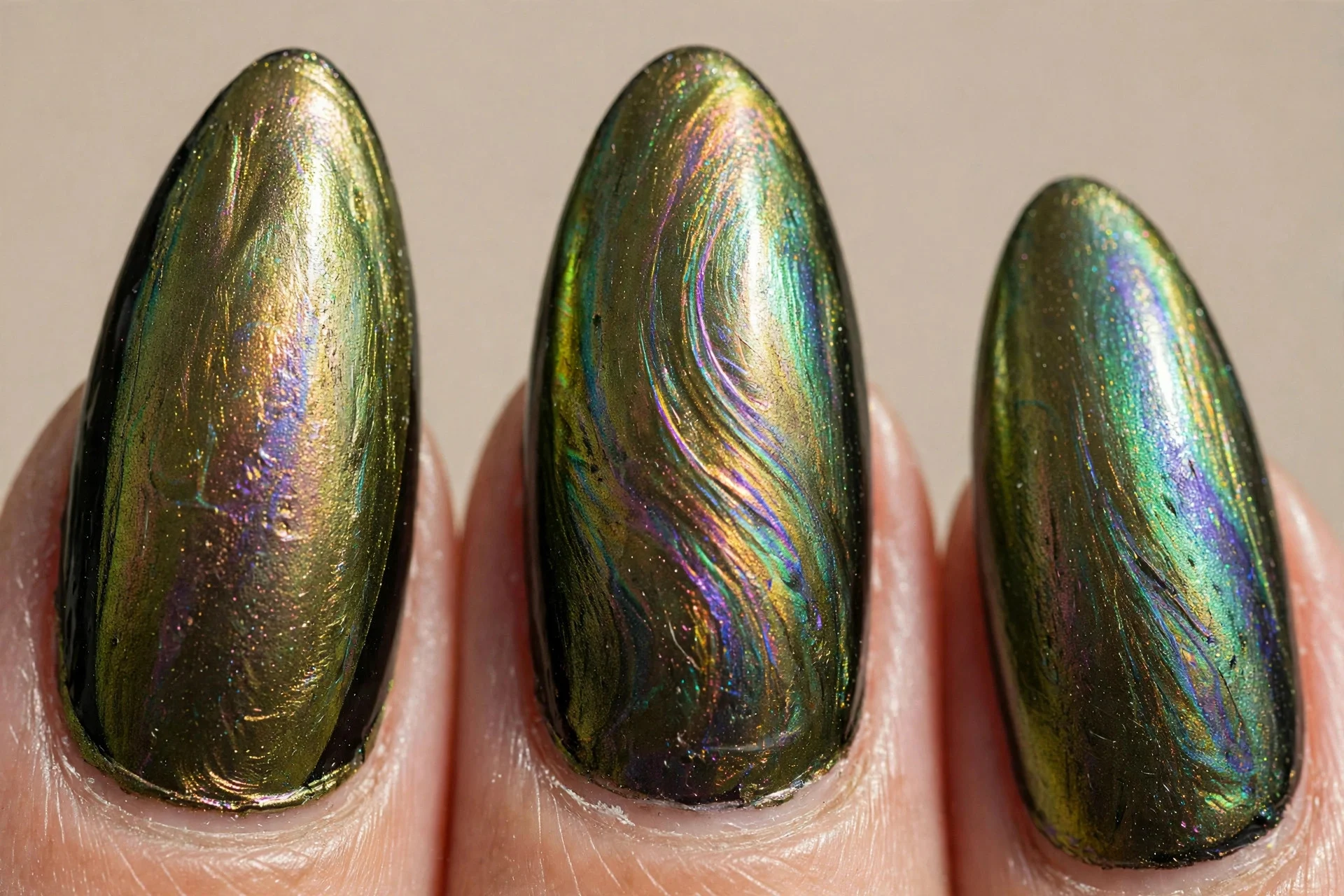 olive chrome foil over black, almond