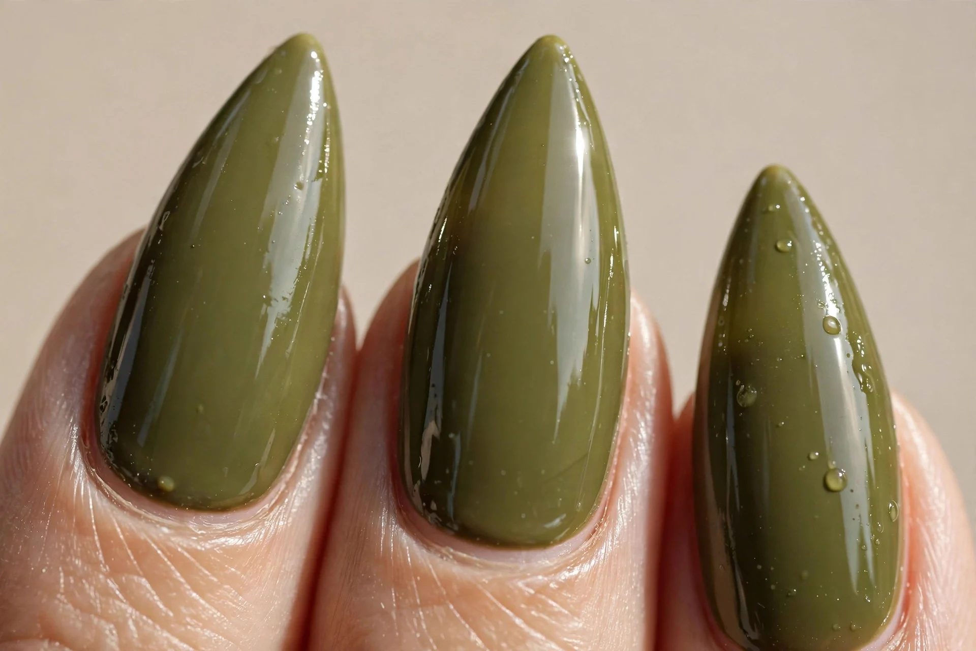 high-gloss olive stiletto, wet-look shine