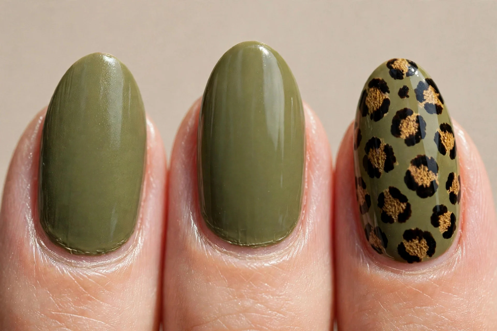 olive with leopard print accents, almond
