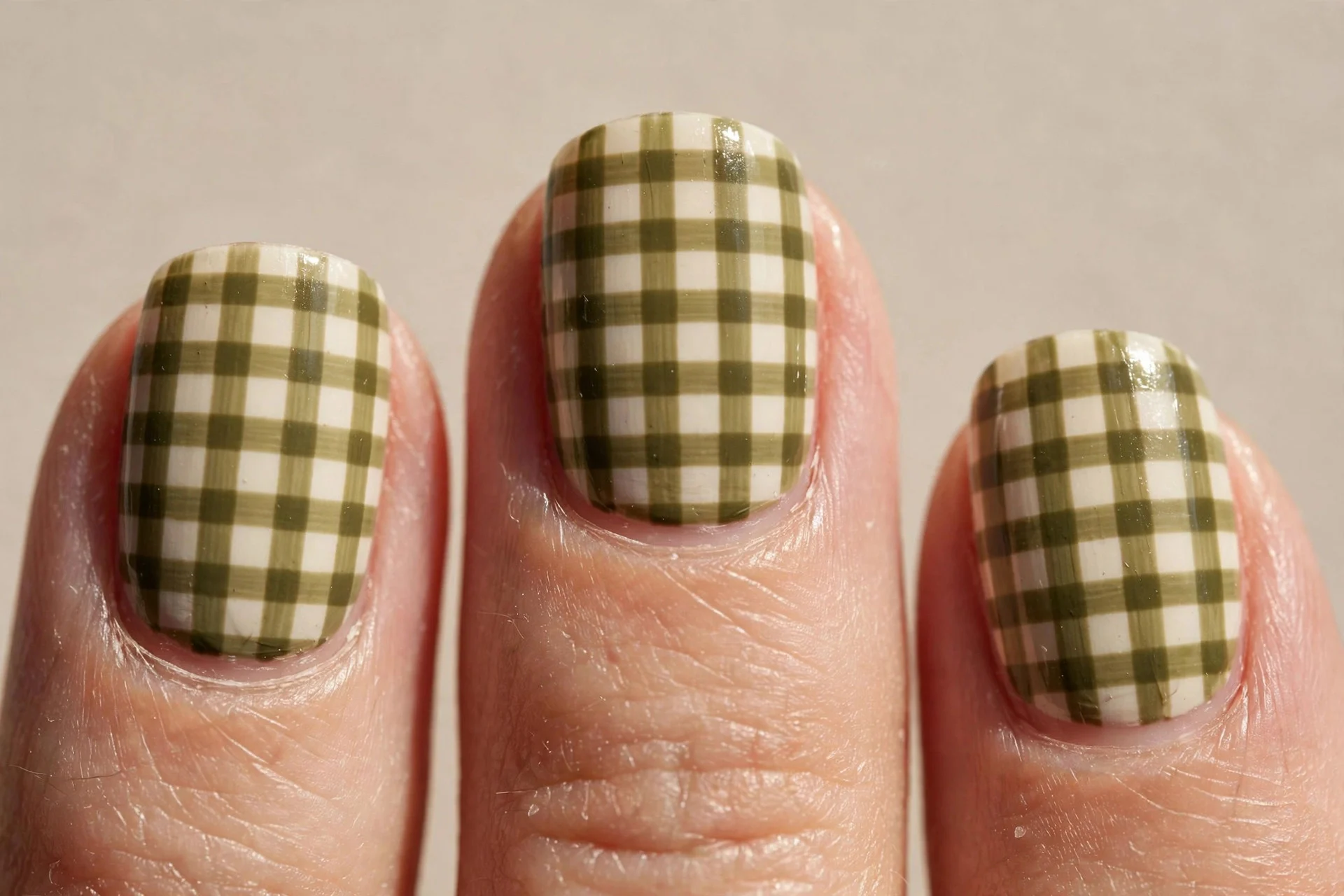 olive gingham checks, cream base, squoval