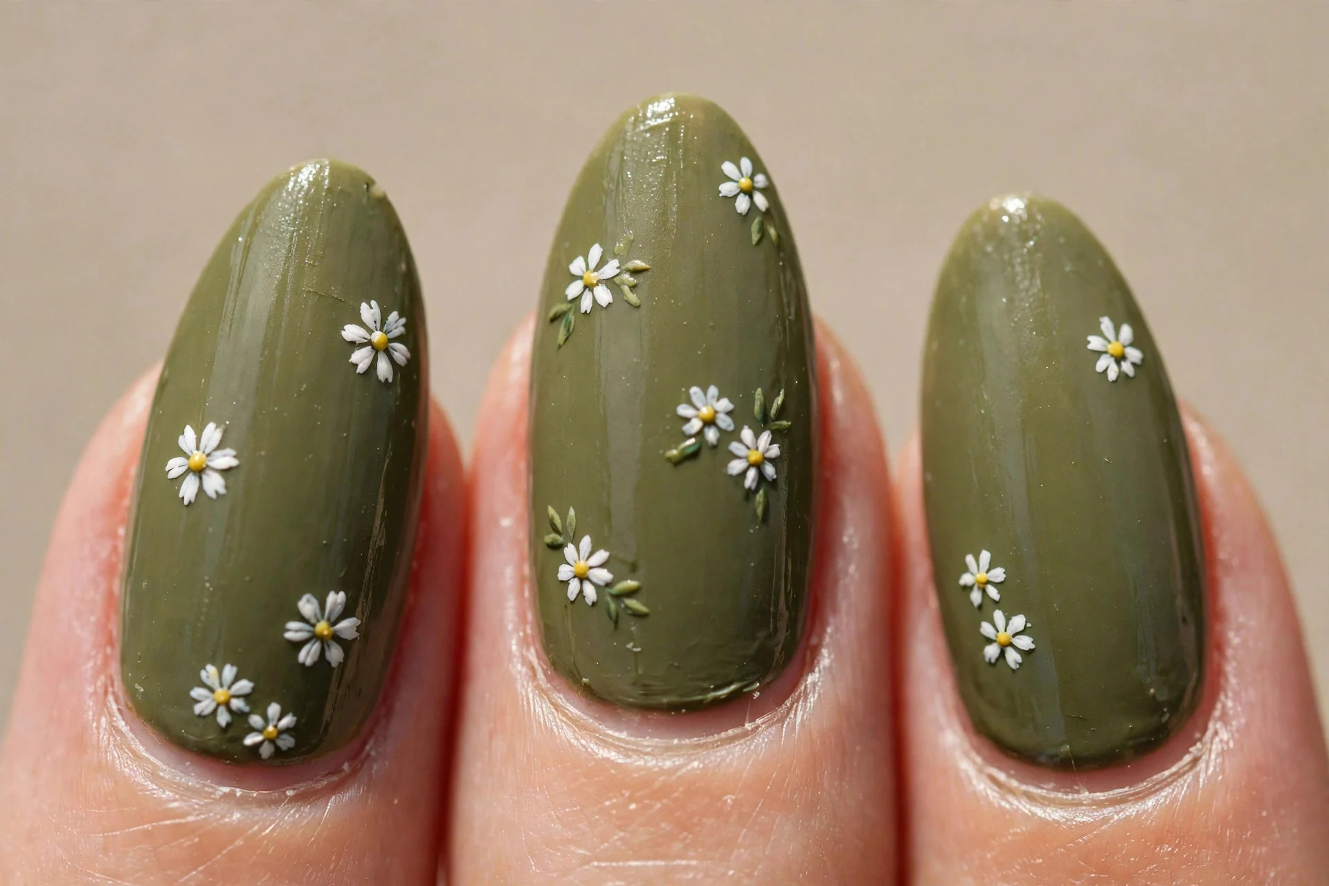 olive base, tiny hand-painted daisies, almond