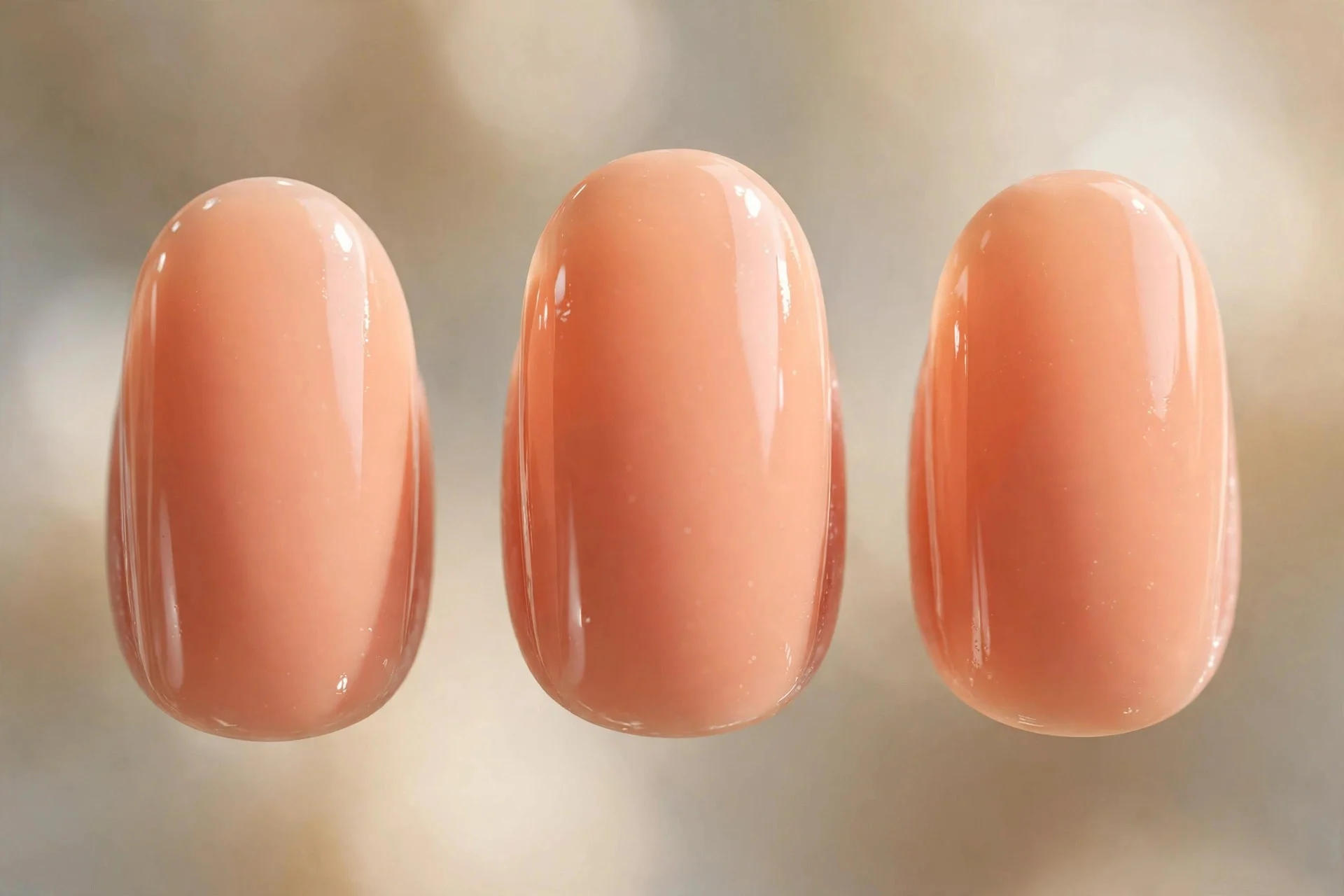 Milky peach orange polish, short almond nails, glossy