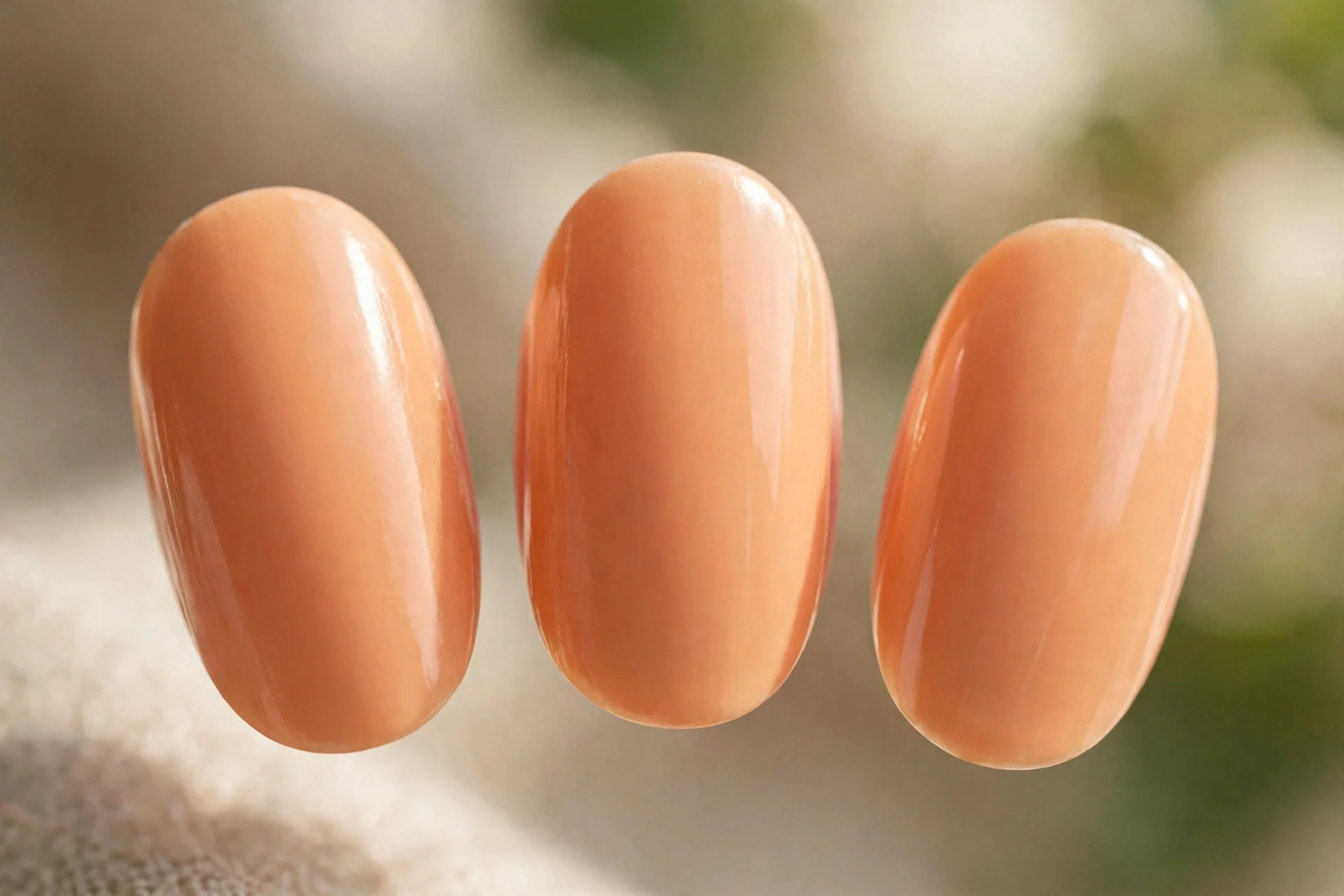 Creamy apricot orange polish, oval nails, gold ring styling