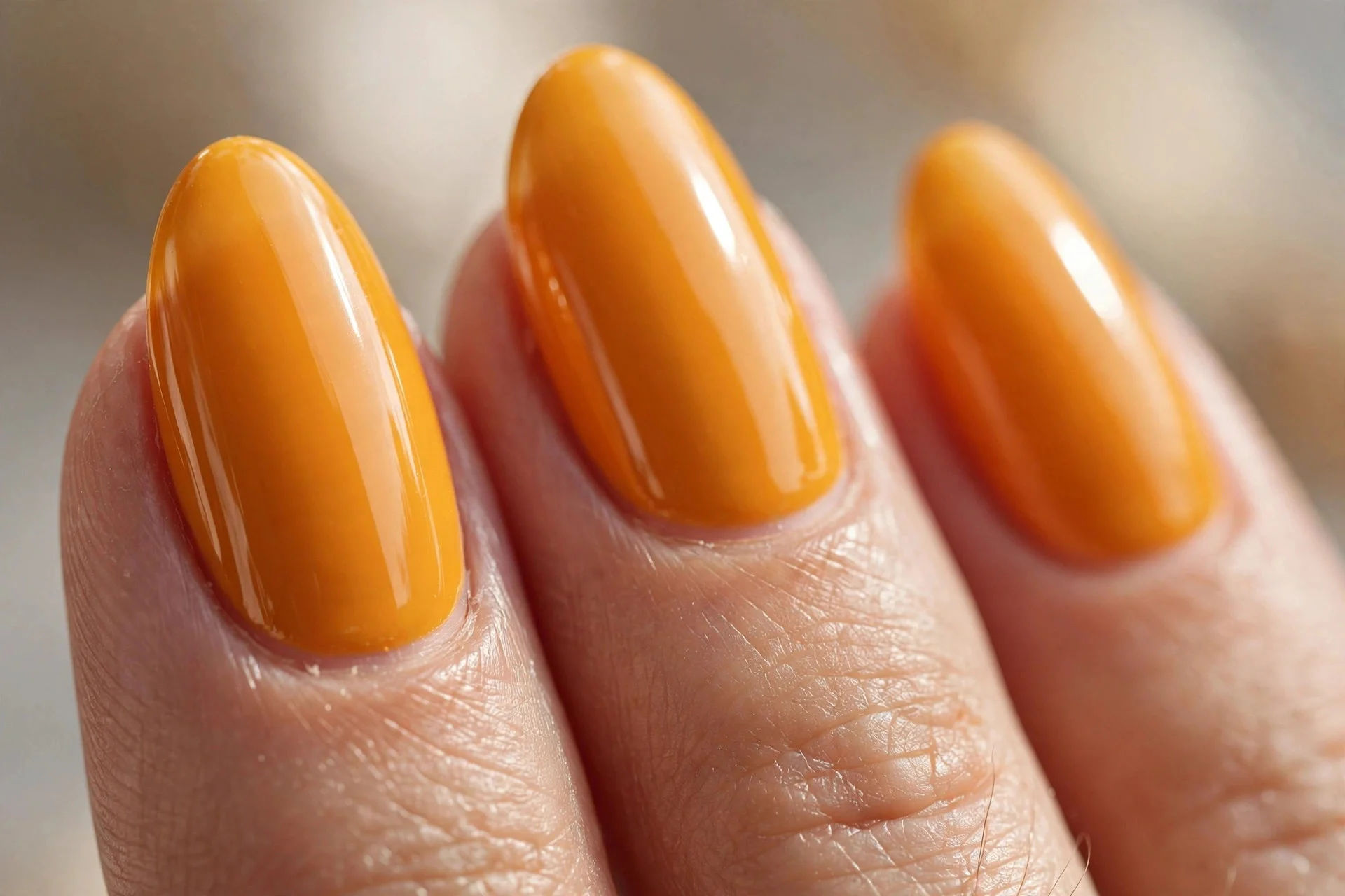 Golden marigold orange polish, almond nails, shiny top coat