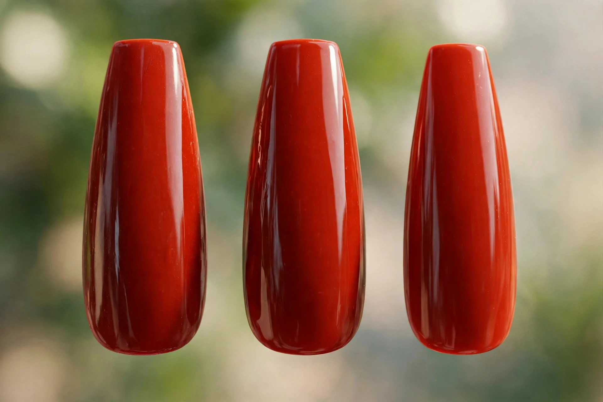 Deep blood orange polish, long coffin nails, glossy