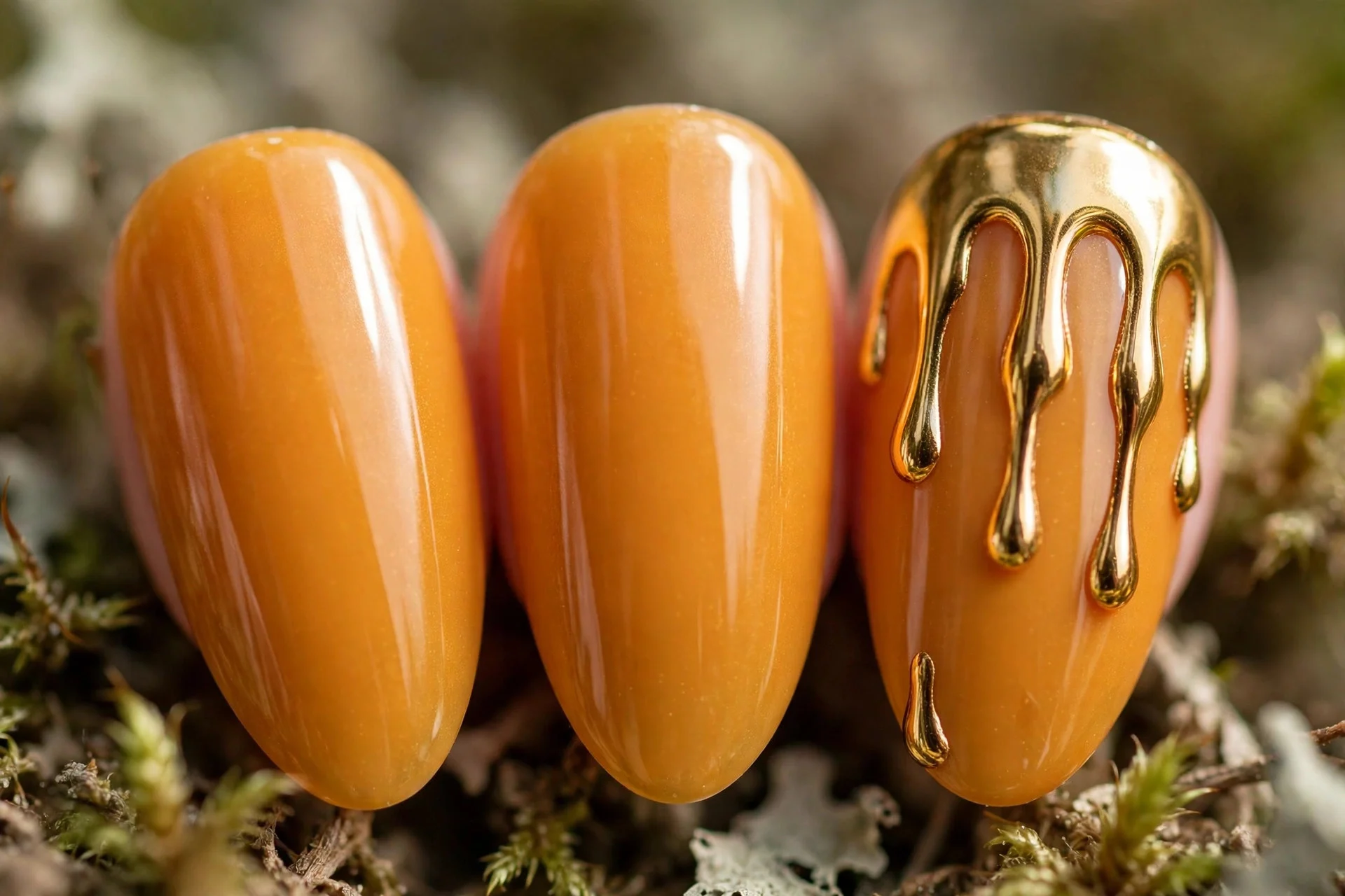 Honey orange nails with gold chrome drip accents, almond