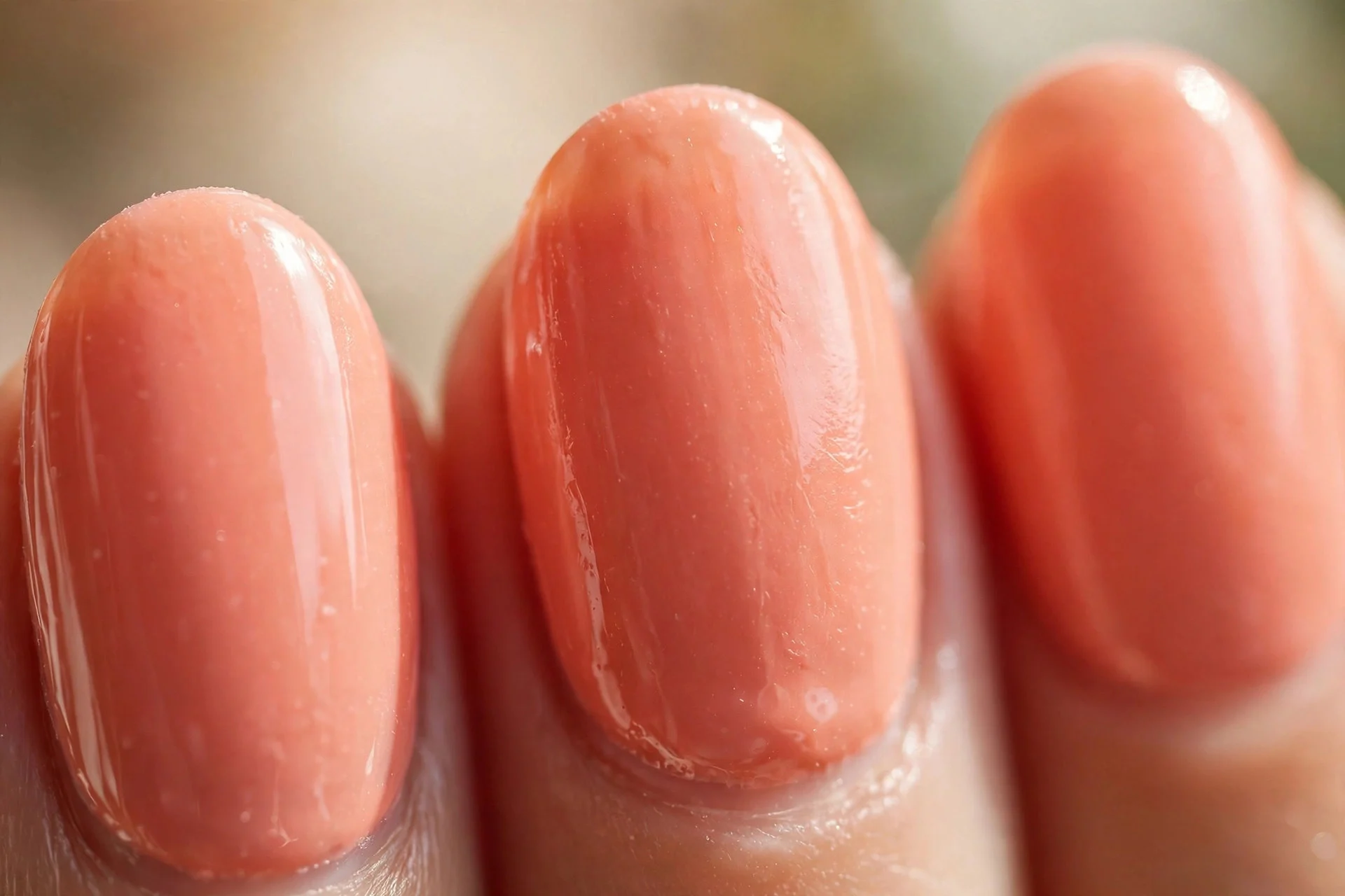 Papaya pink-orange cream polish, oval nails, glossy