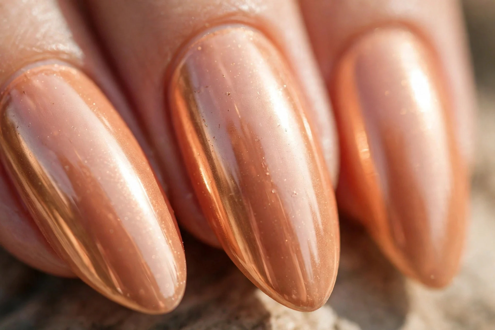Peach apricot chrome nails, almond, warm metallic shine