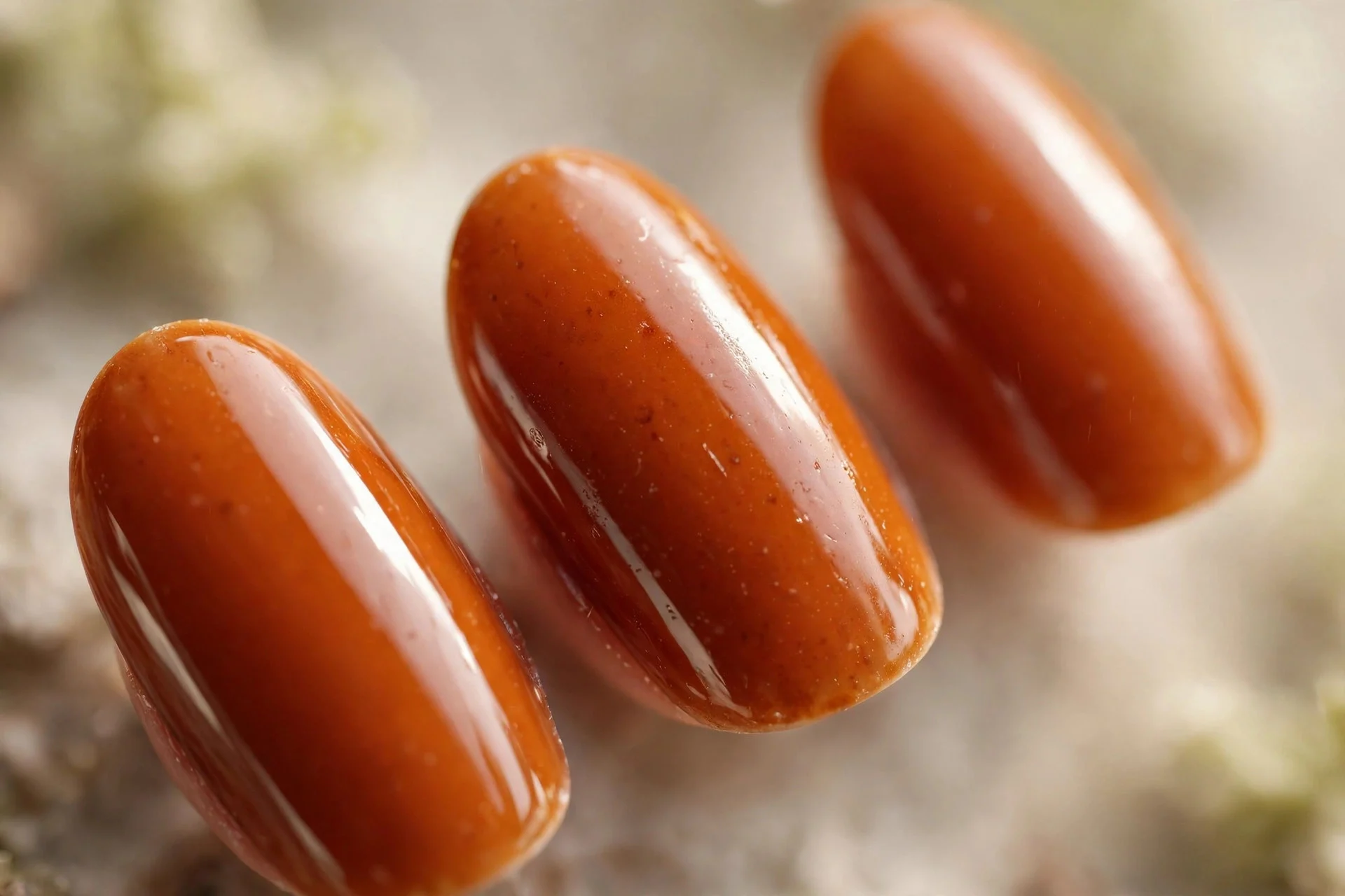 Deep amber cinnamon-orange polish, medium almond nails