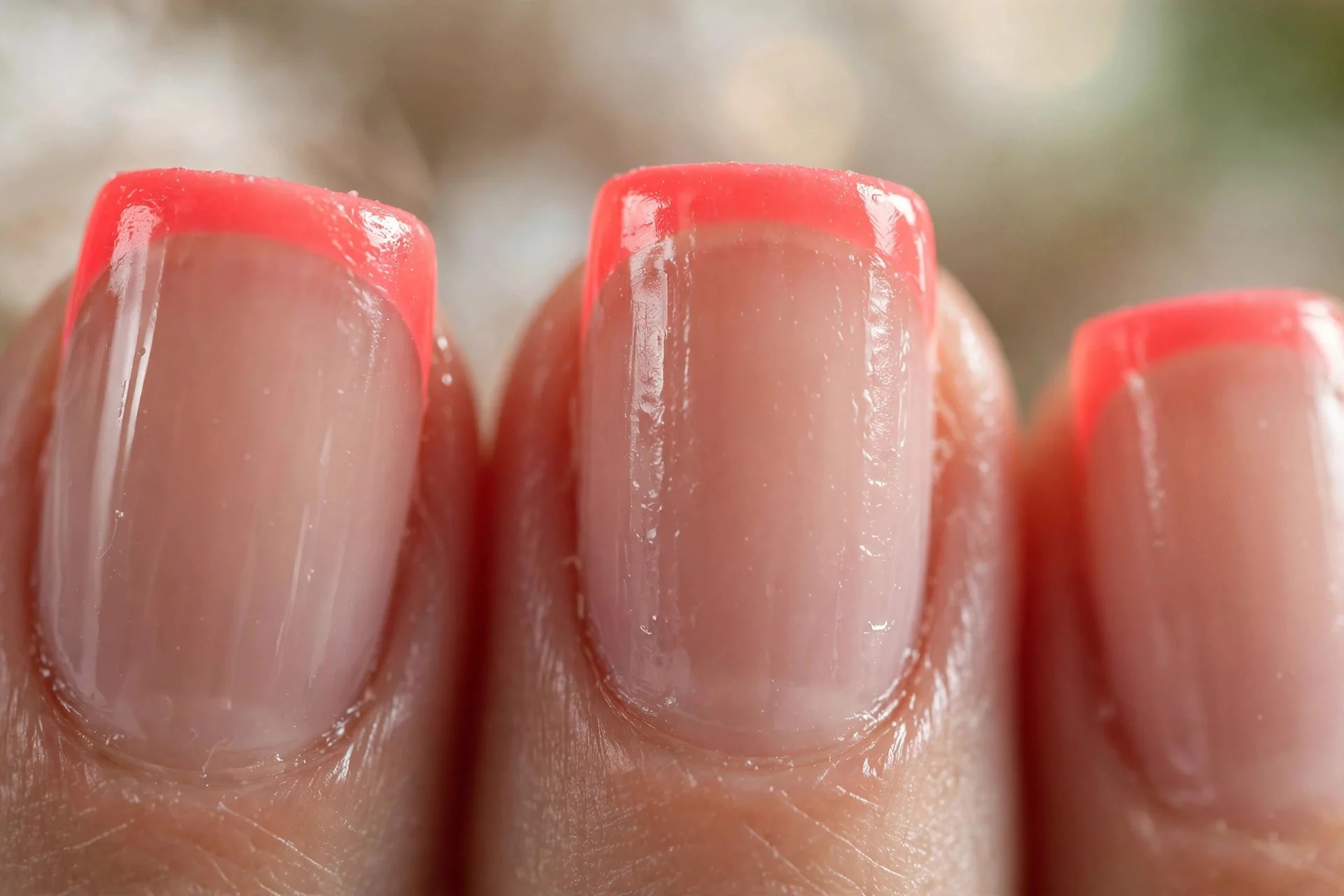 Sheer nude French base with neon coral tips, short square