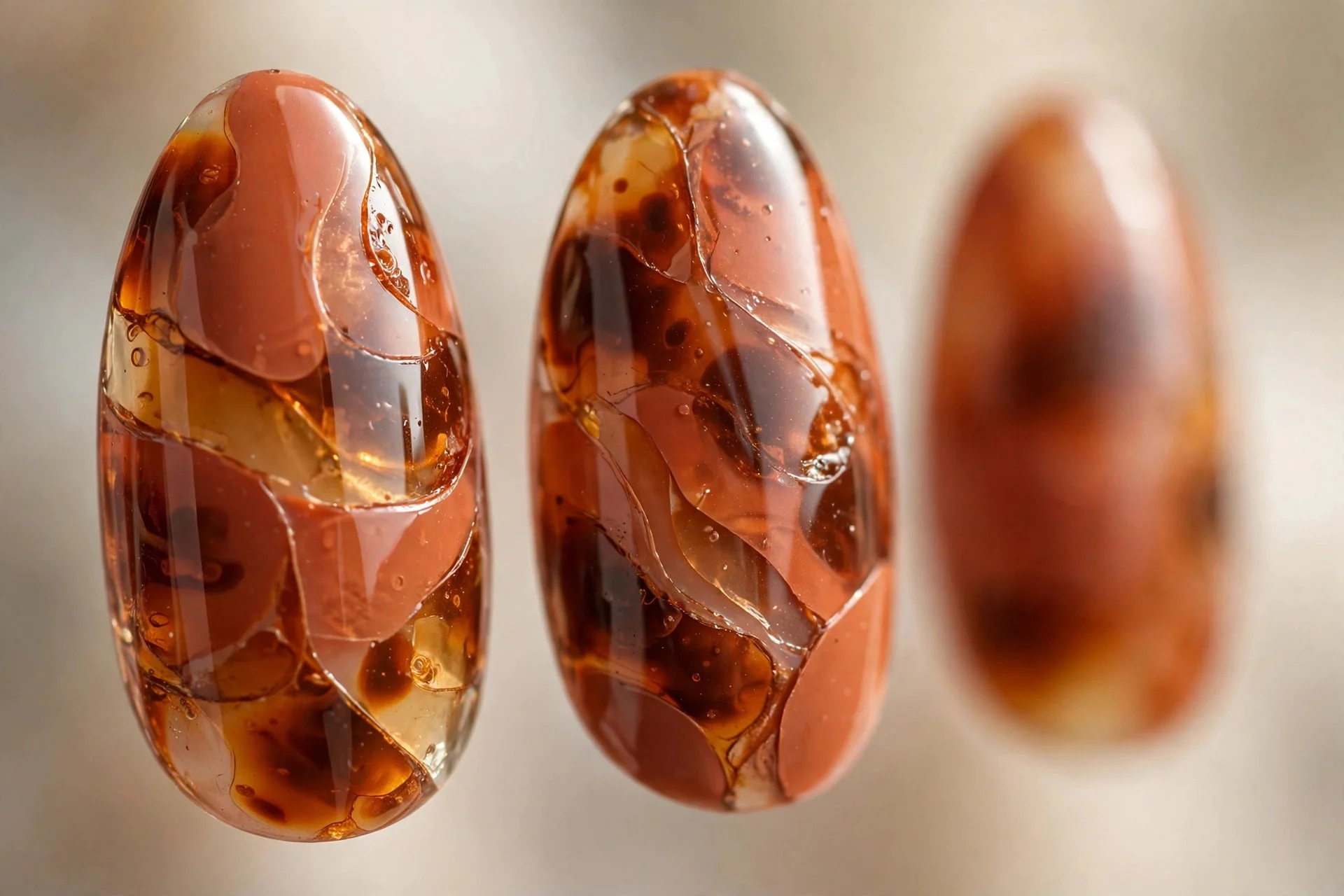 Terracotta tortoiseshell nail art, almond nails, glossy