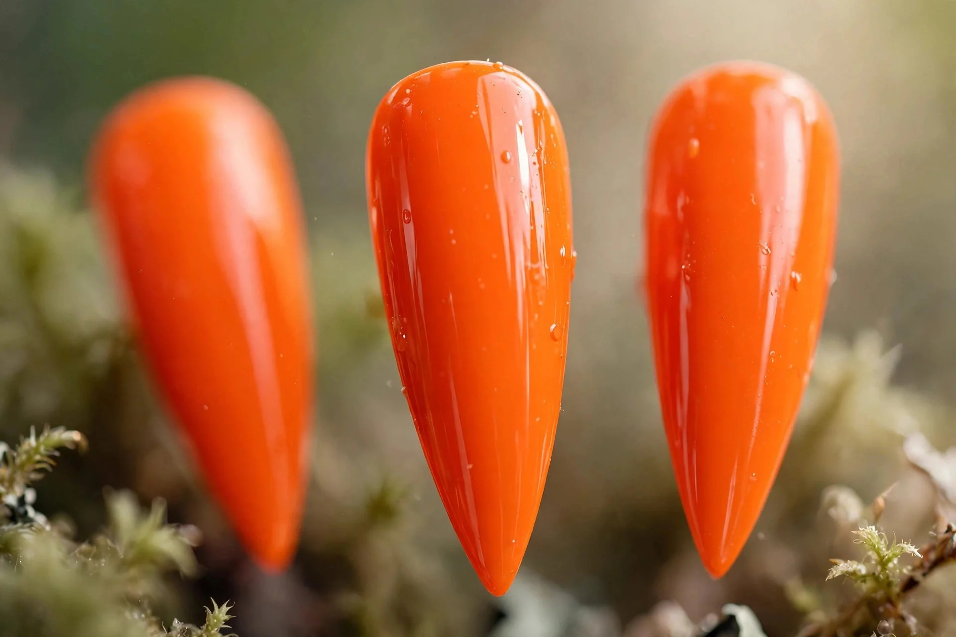 Electric bright tangerine polish, long stiletto nails, glossy