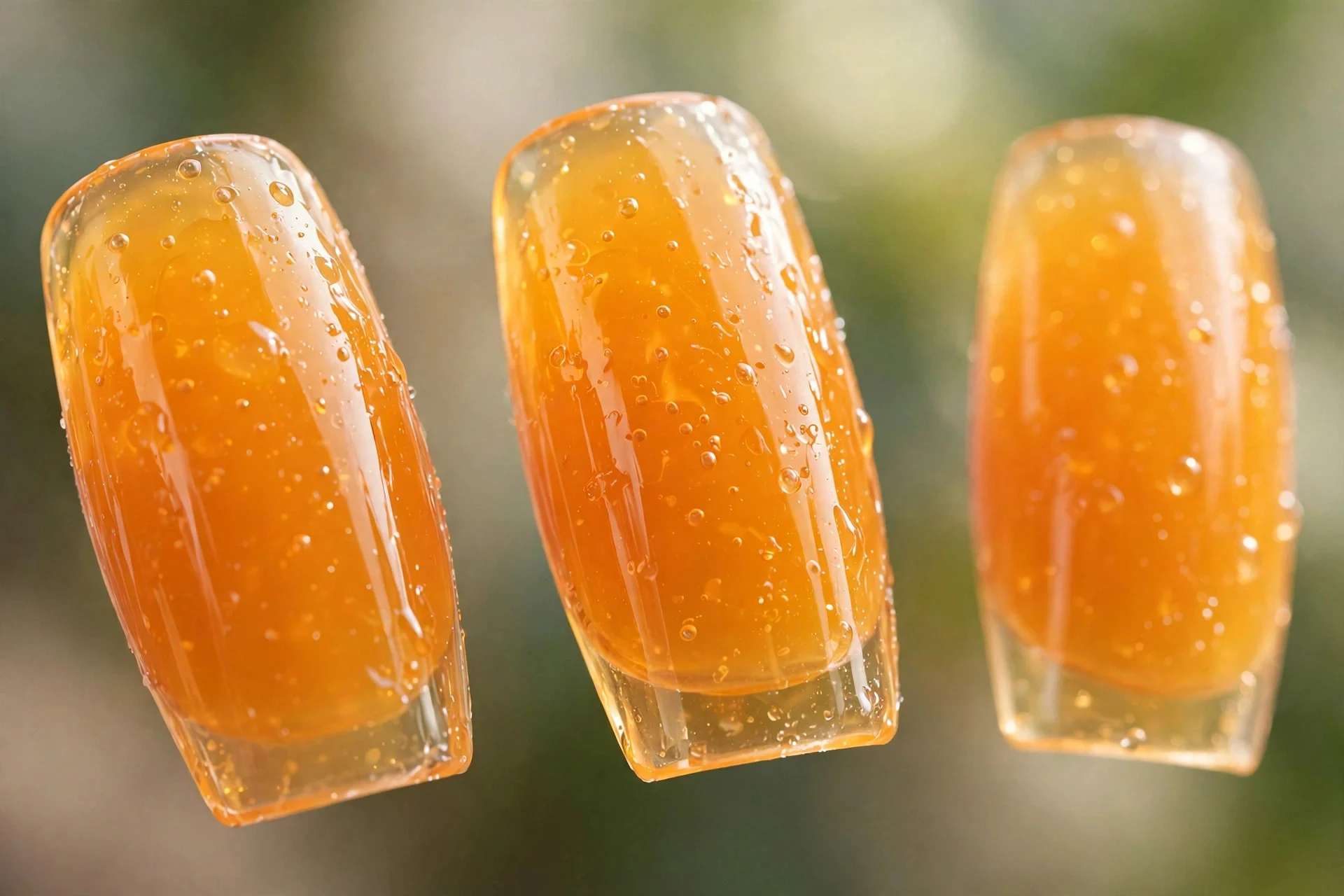 Translucent mango orange jelly nails, medium coffin, glassy