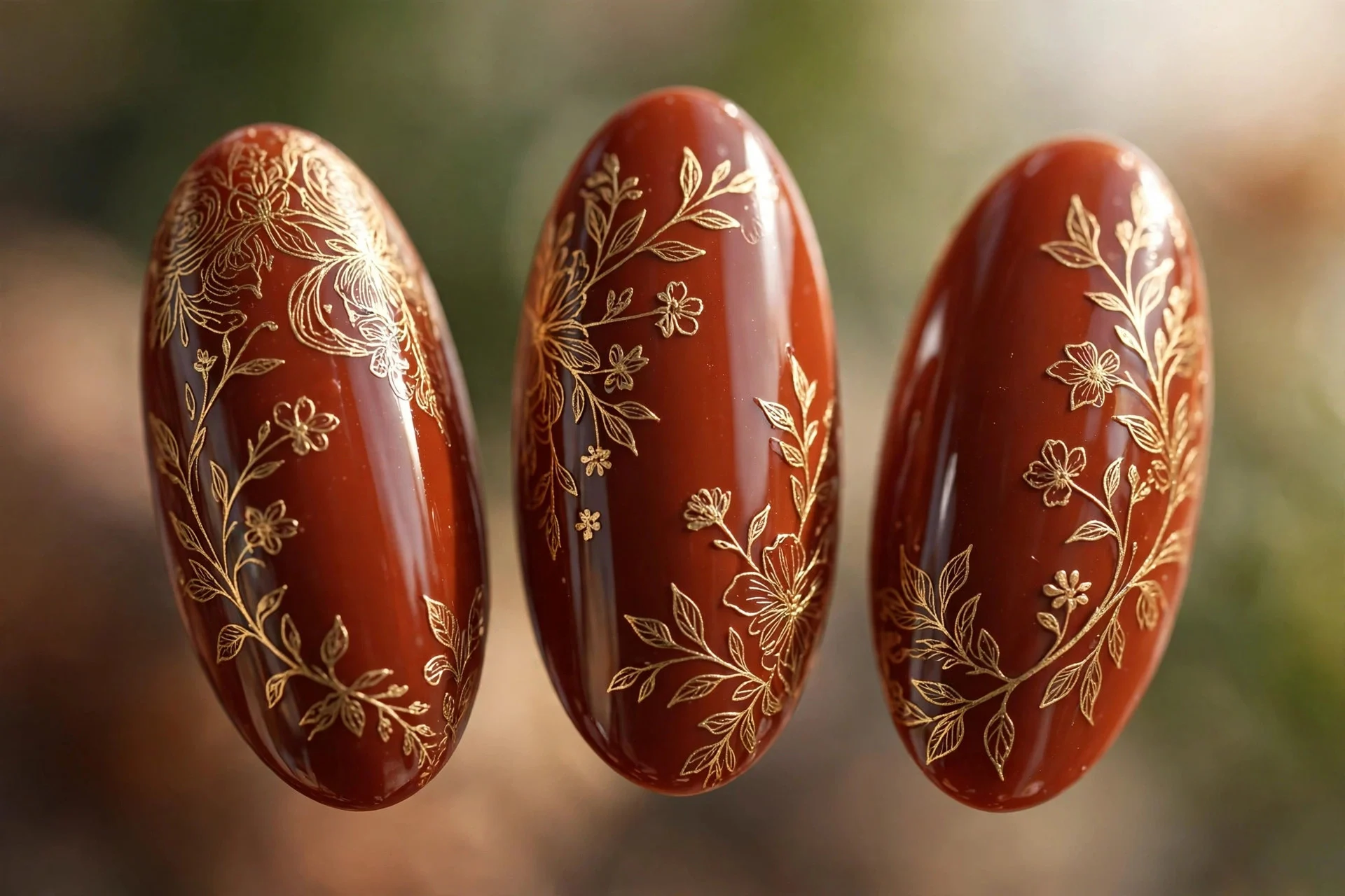 Burnt sienna nails with gold line-art flowers, almond