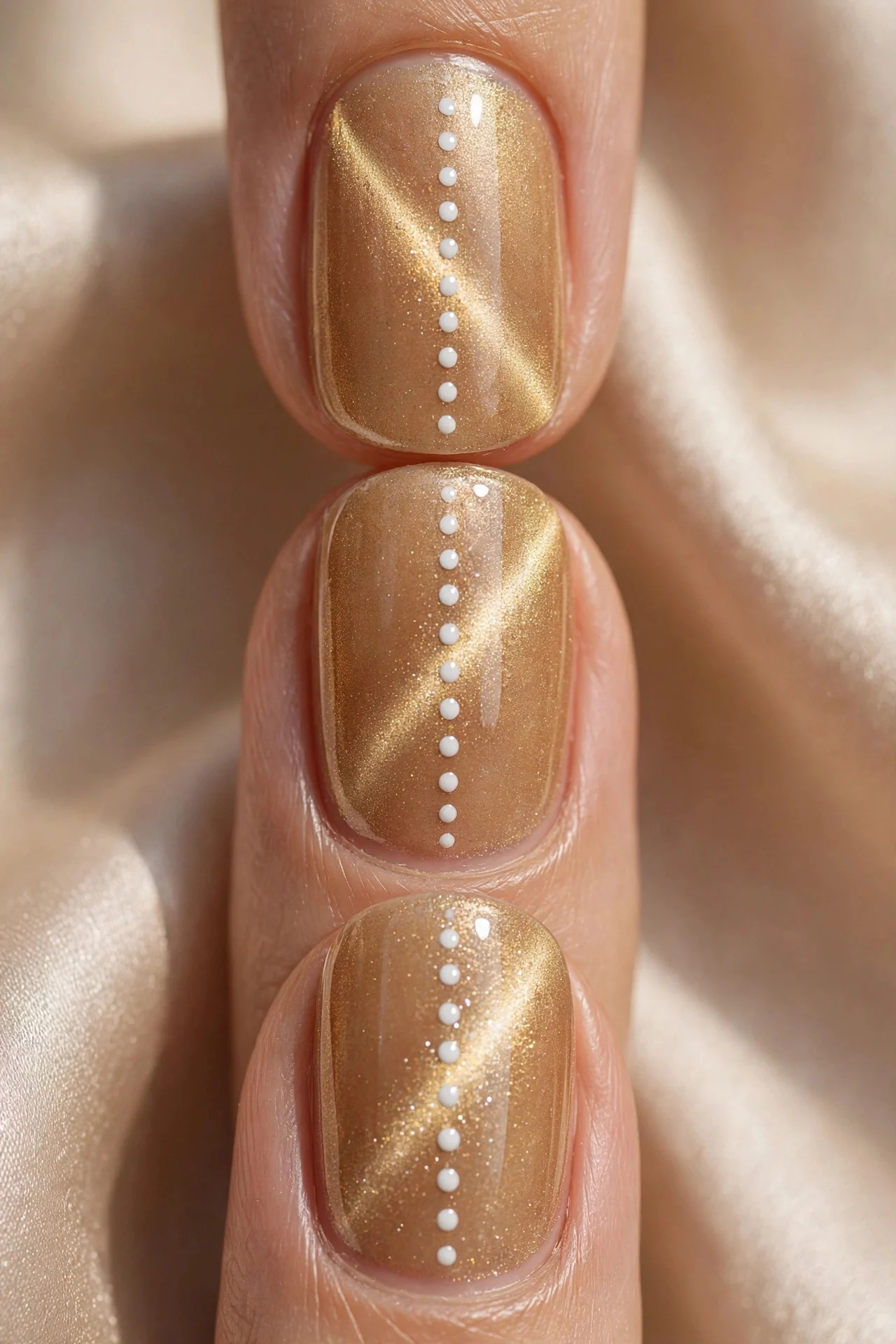 Extreme macro of three fingernails in warm gold cat-eye gel with a diagonal shimmer band, single column of crisp white dots d
