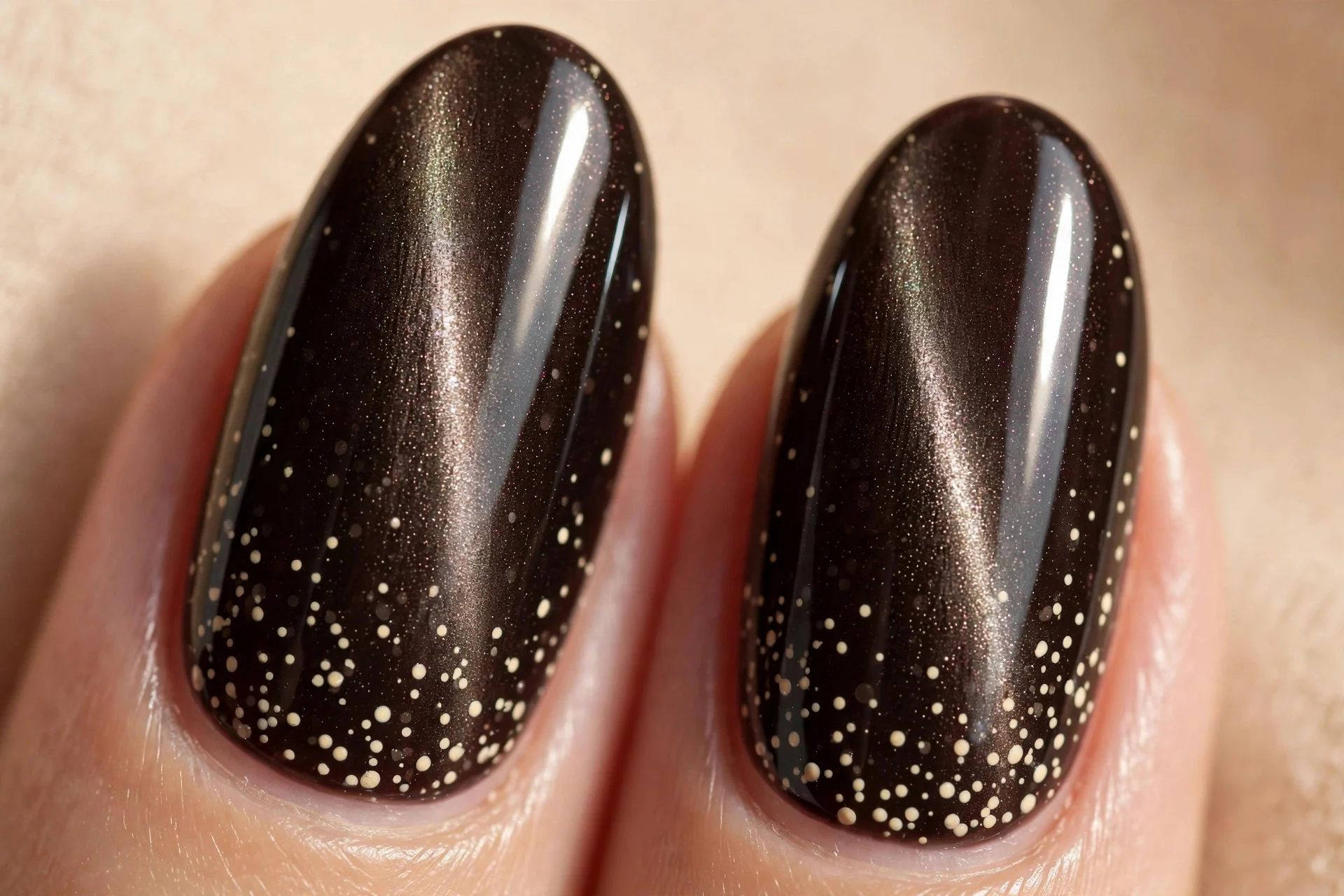 Extreme macro of two almond fingernails in deep espresso cat-eye gel with a soft vertical light streak, scattered cream polka