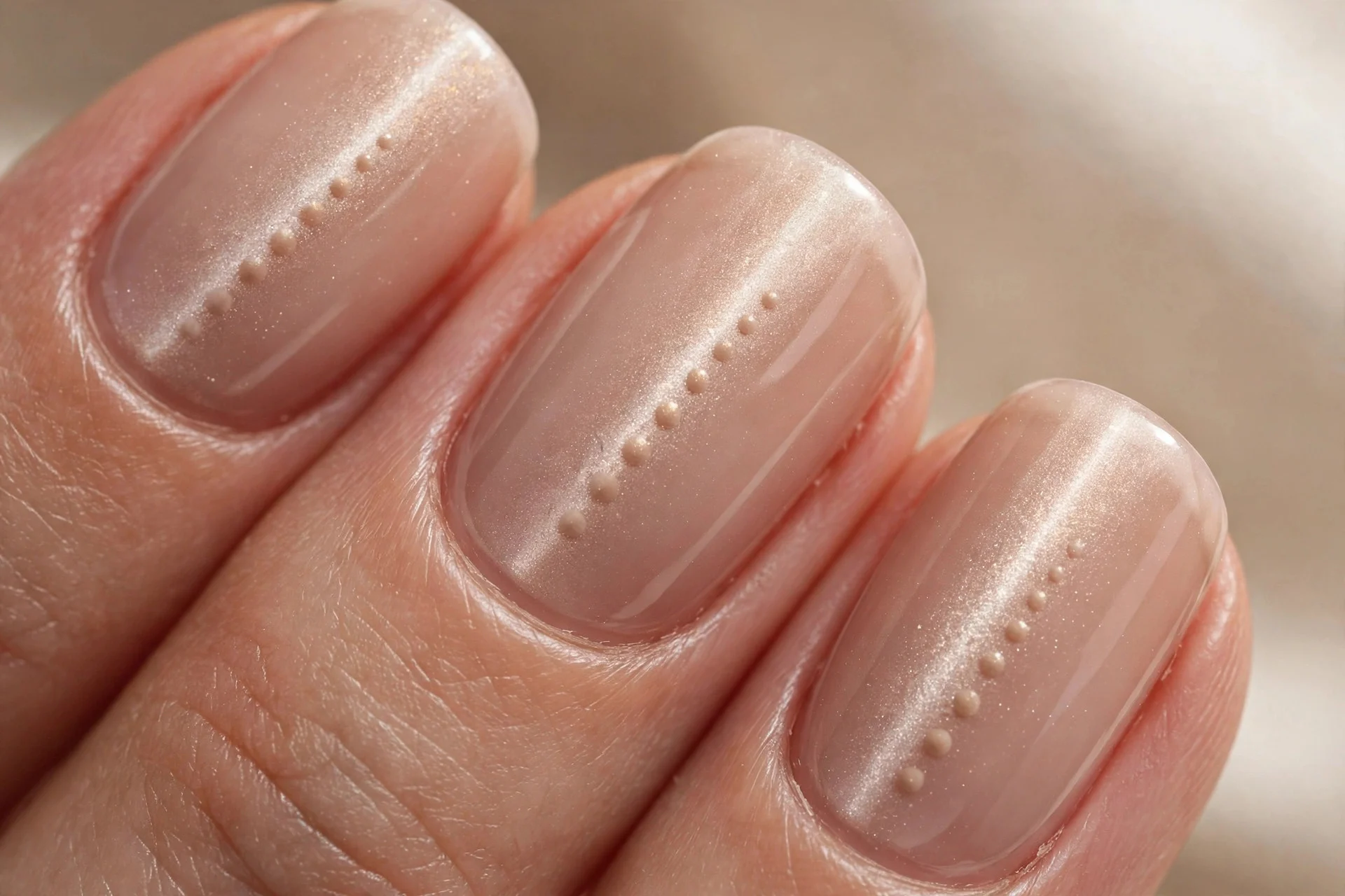 Extreme macro of three short fingernails in sheer nude cat-eye gel with a faint shimmer band, subtle tone-on-tone nude dots i
