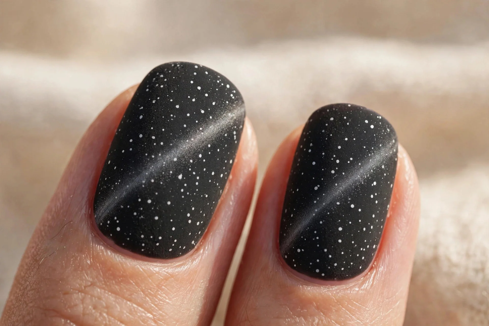 Extreme macro of two fingernails in charcoal cat-eye gel with white polka dots under a velvety matte top coat, soft diffused