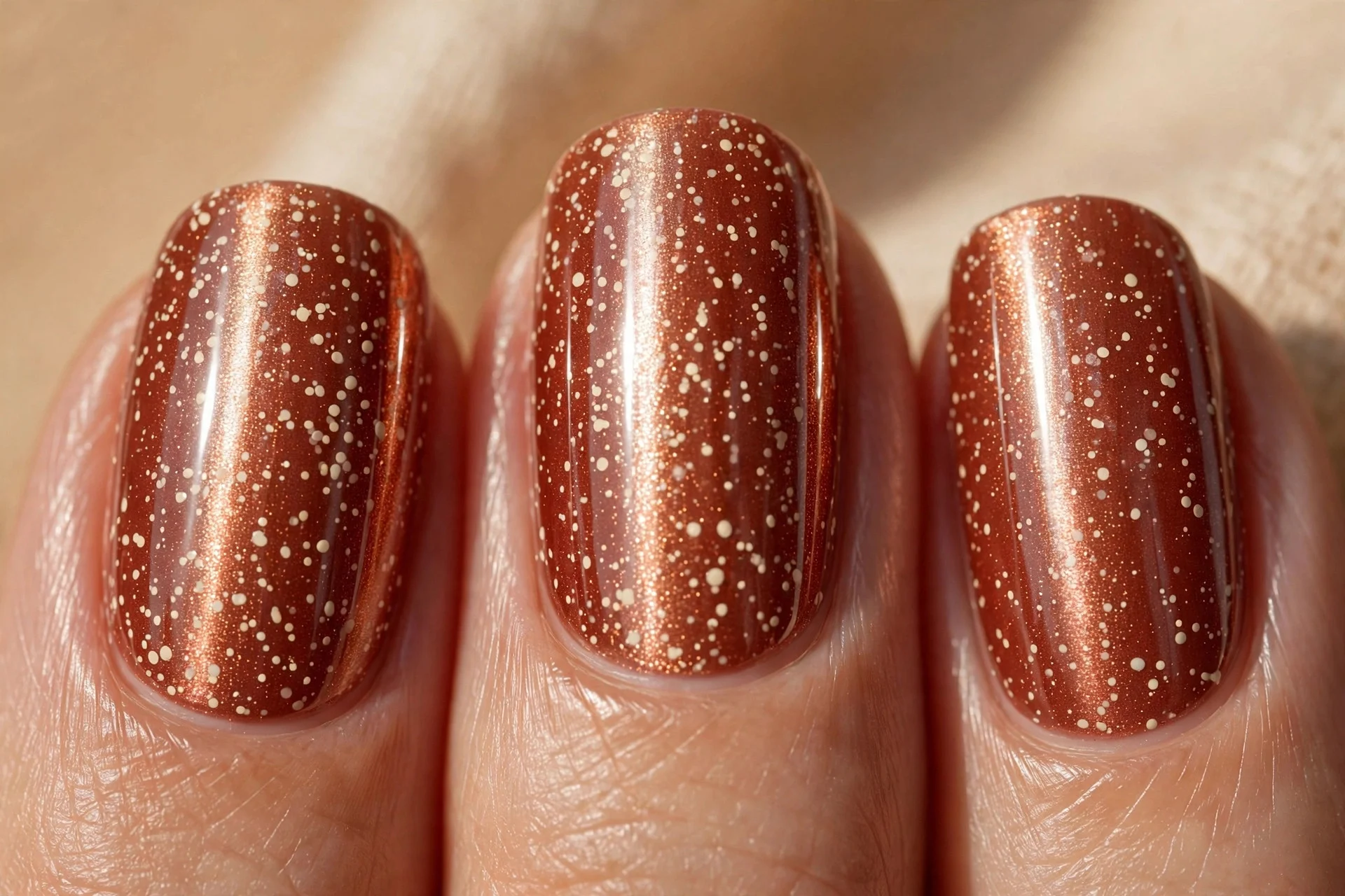 Extreme macro of three fingernails in copper cat-eye gel with a bright vertical shimmer streak, tiny cream micro dots scatter