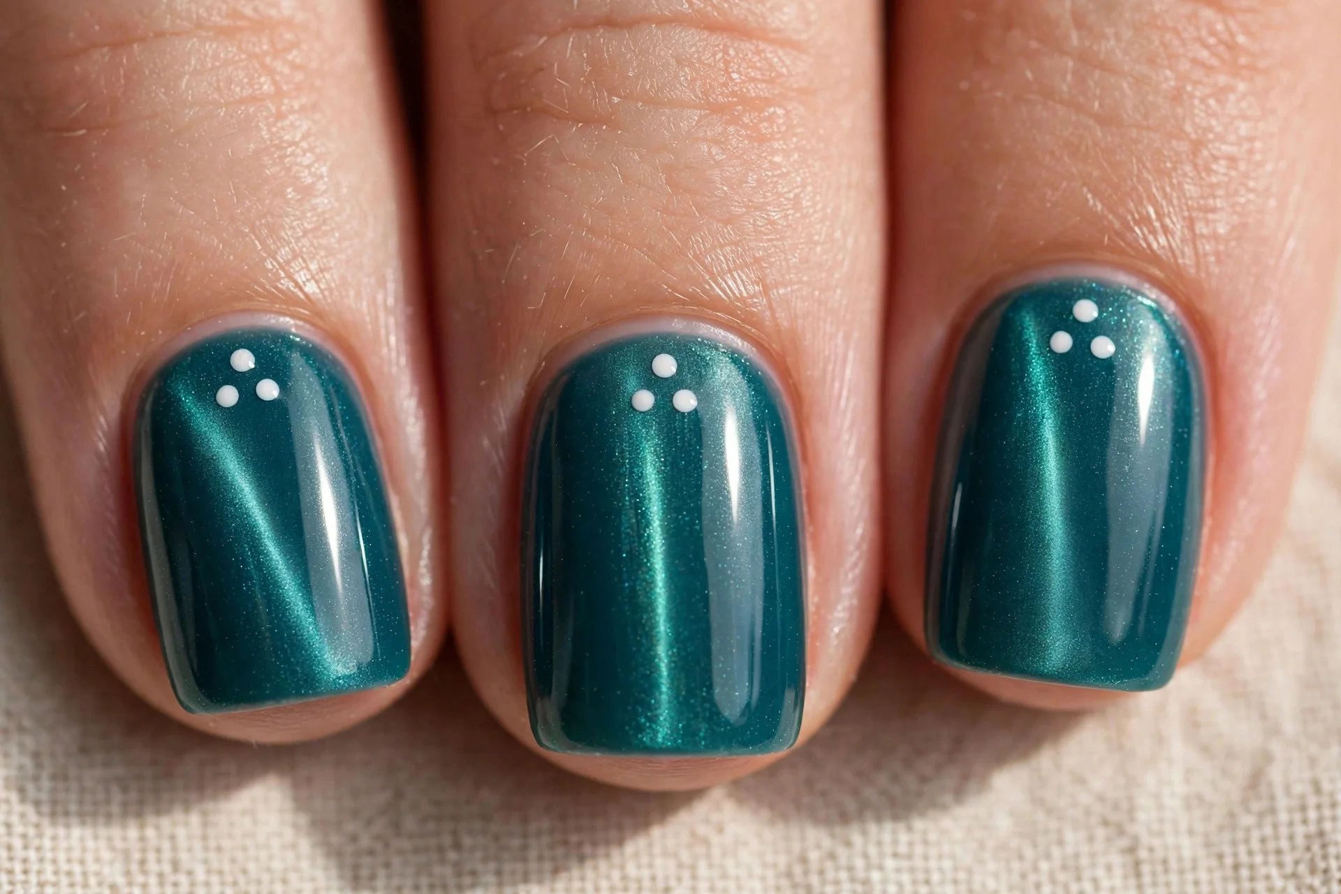 Extreme macro of three short square fingernails in teal cat-eye gel with a vertical shimmer line, three small white dots in a