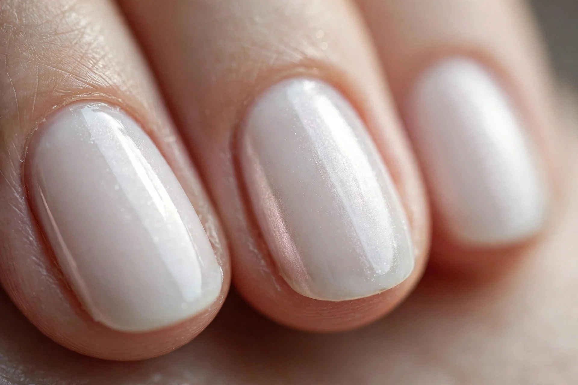 short almond nails in milky white with a soft chrome sheen