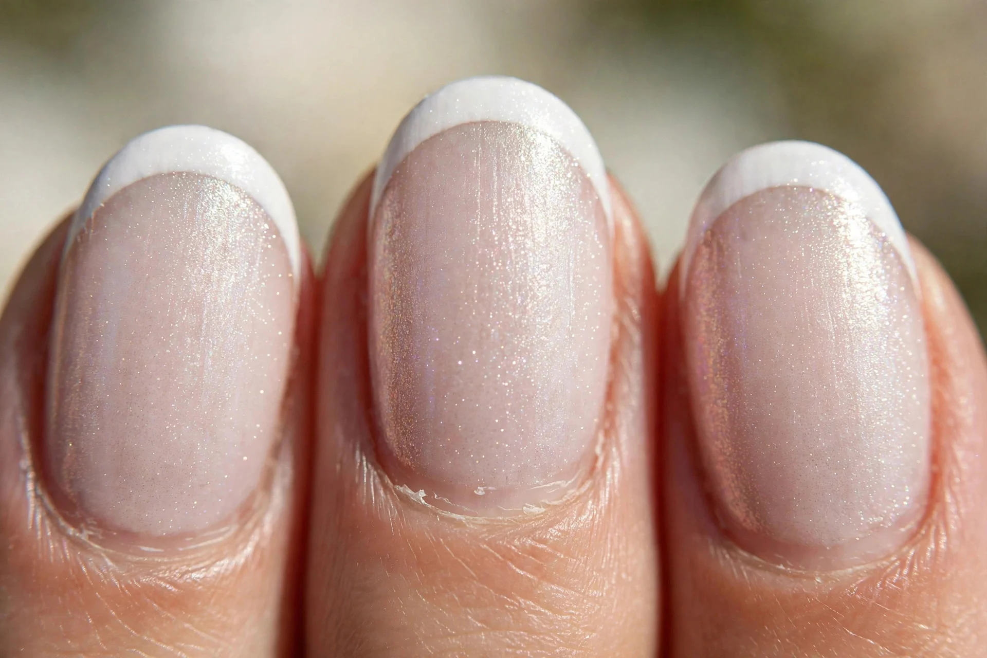 oval nails with crisp white french tips and a pearly shimmer