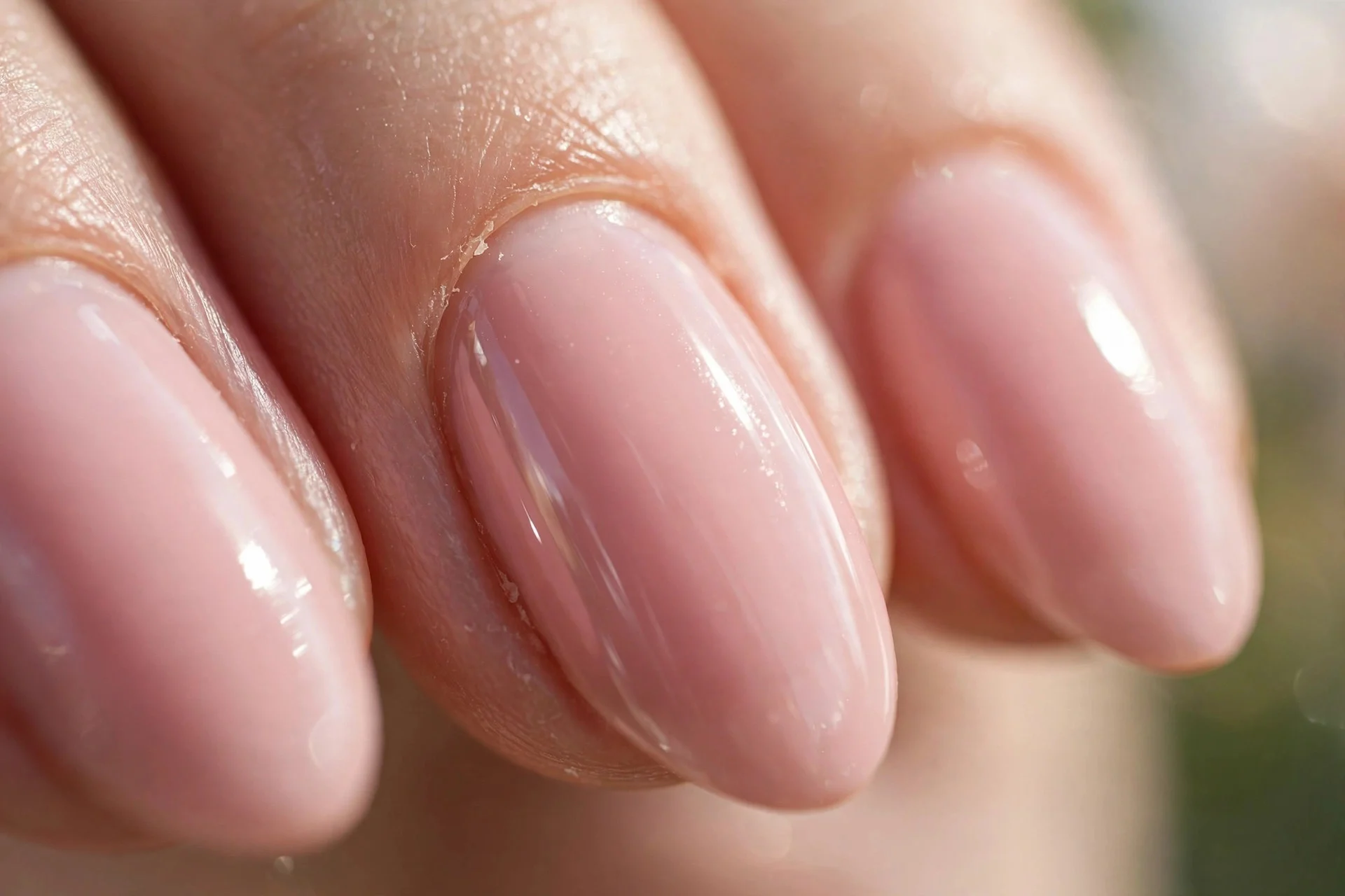 almond nails in soft blush pink with a glossy finish