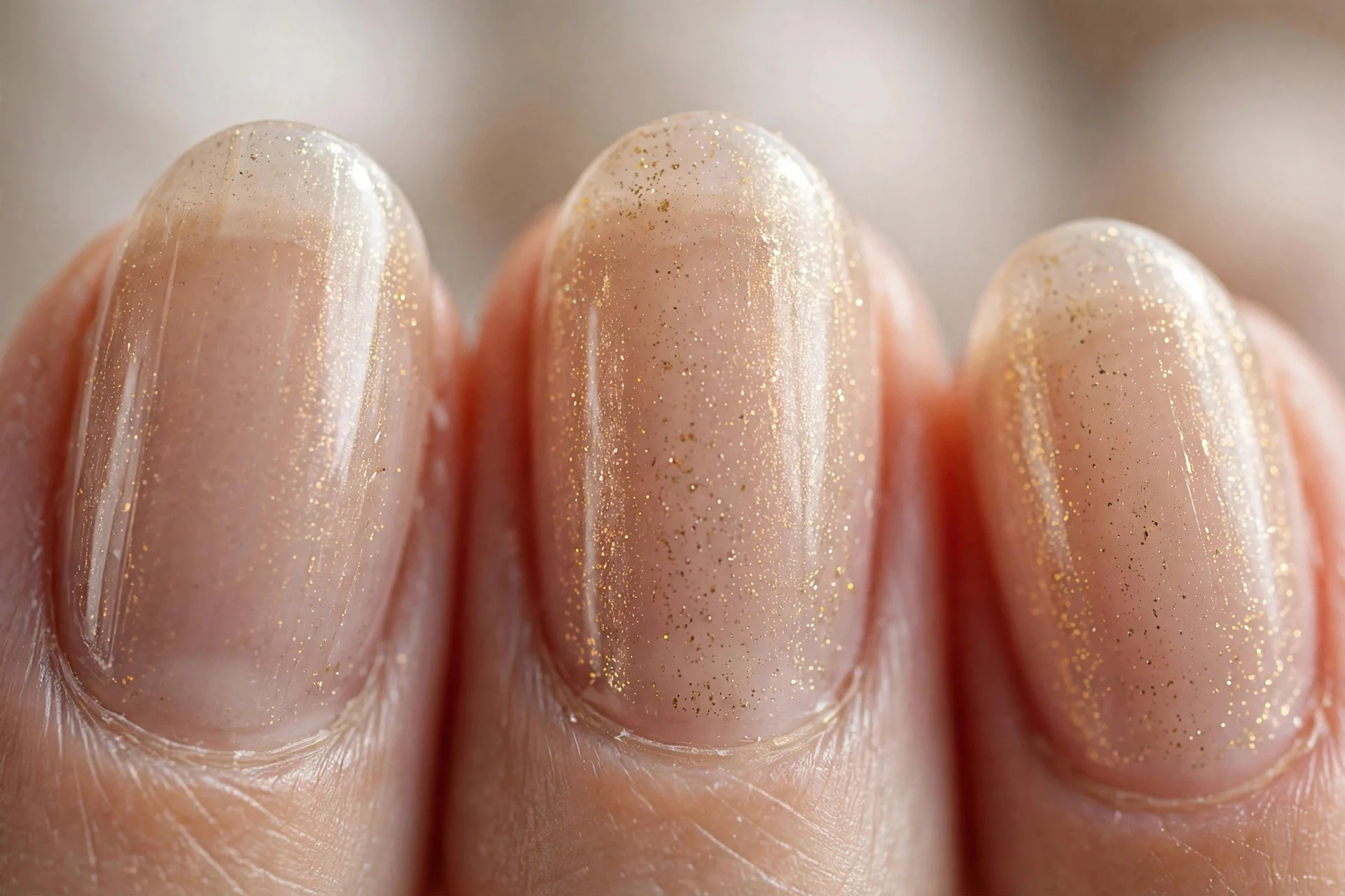 oval nails in sheer champagne with fine golden shimmer