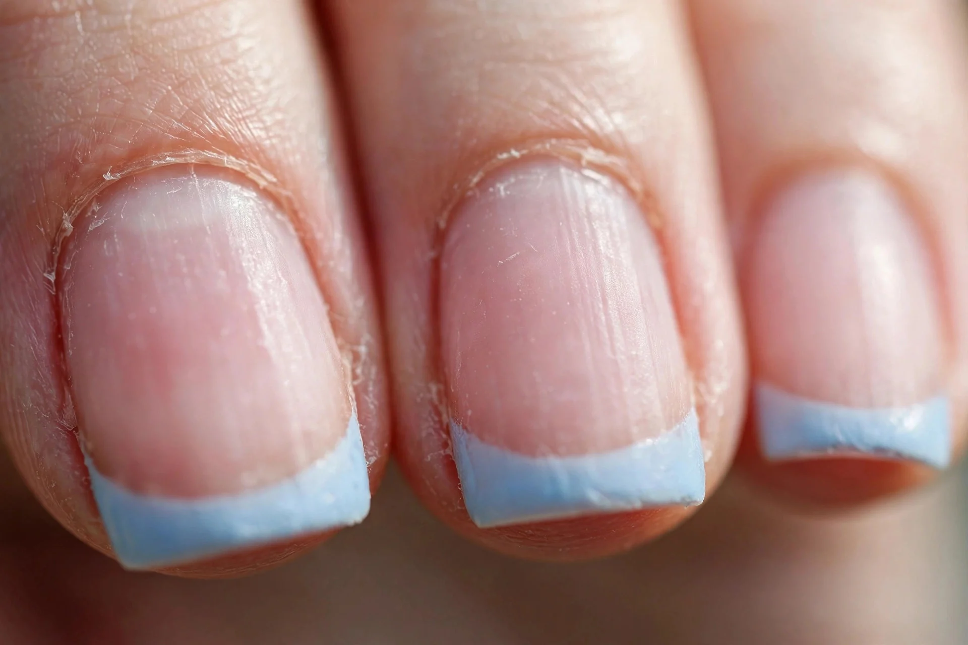 short square nails with baby blue french tips