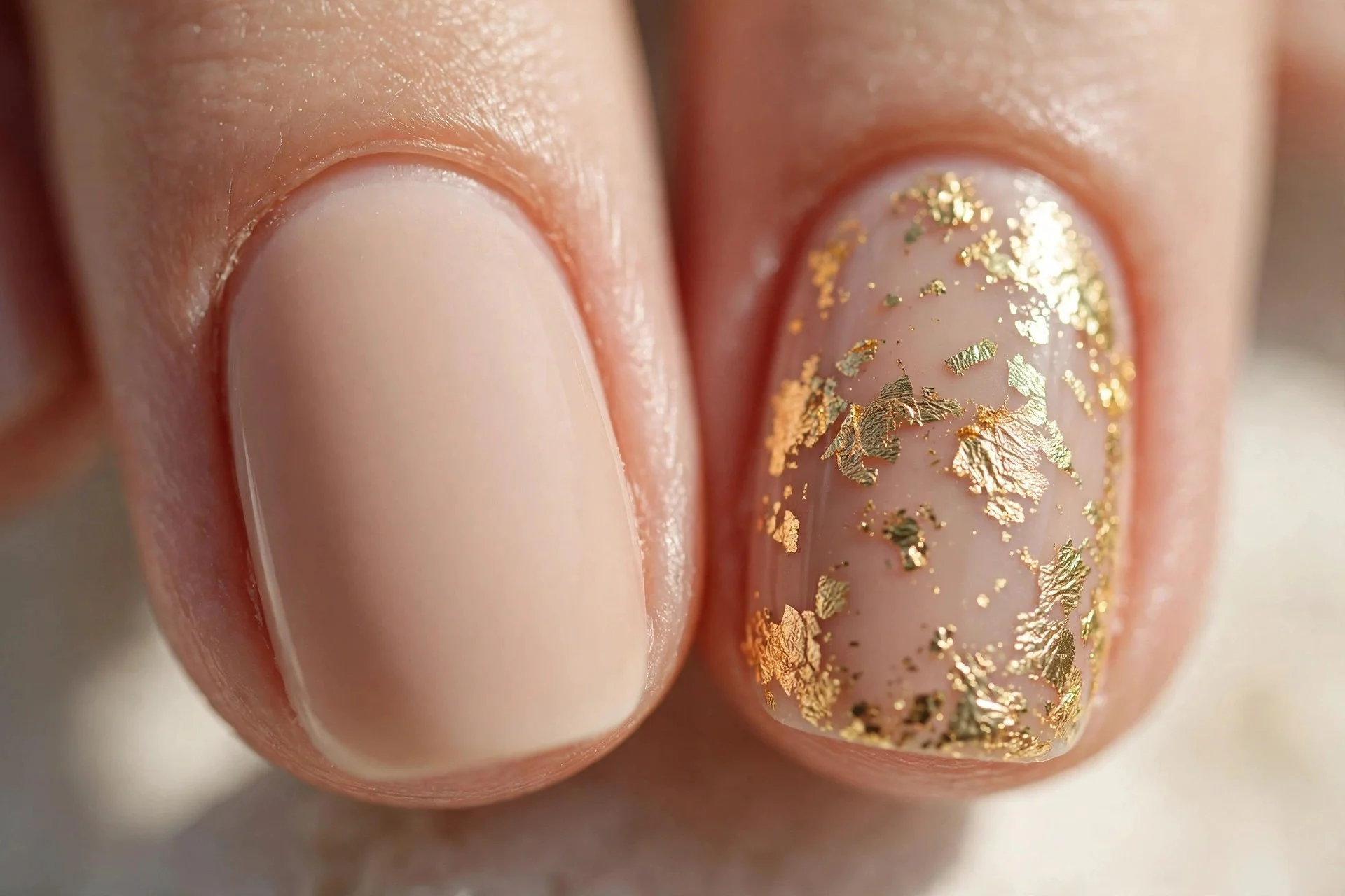 nude nails with gold foil accents on the ring fingers