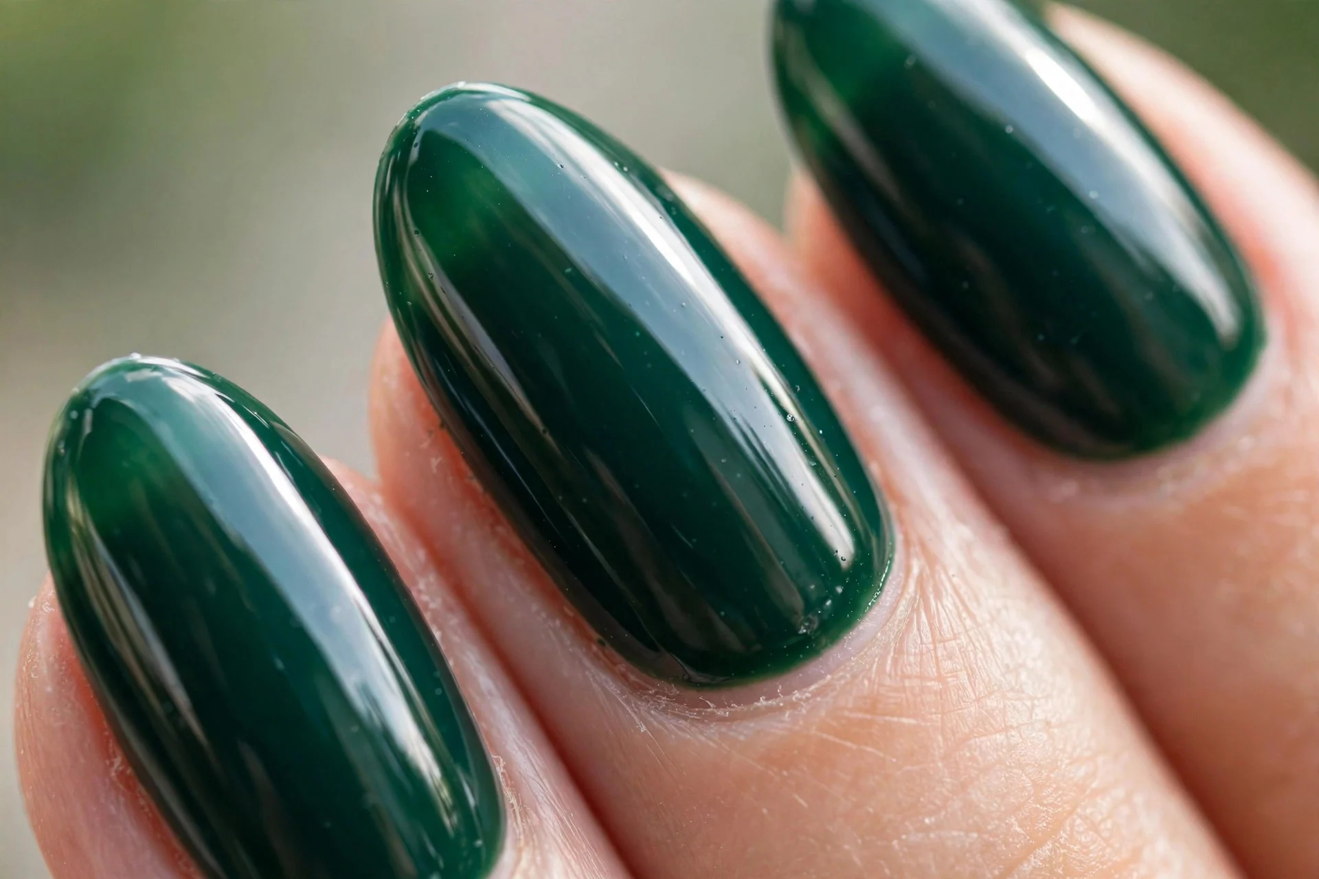 almond nails in deep emerald green with mirror gloss