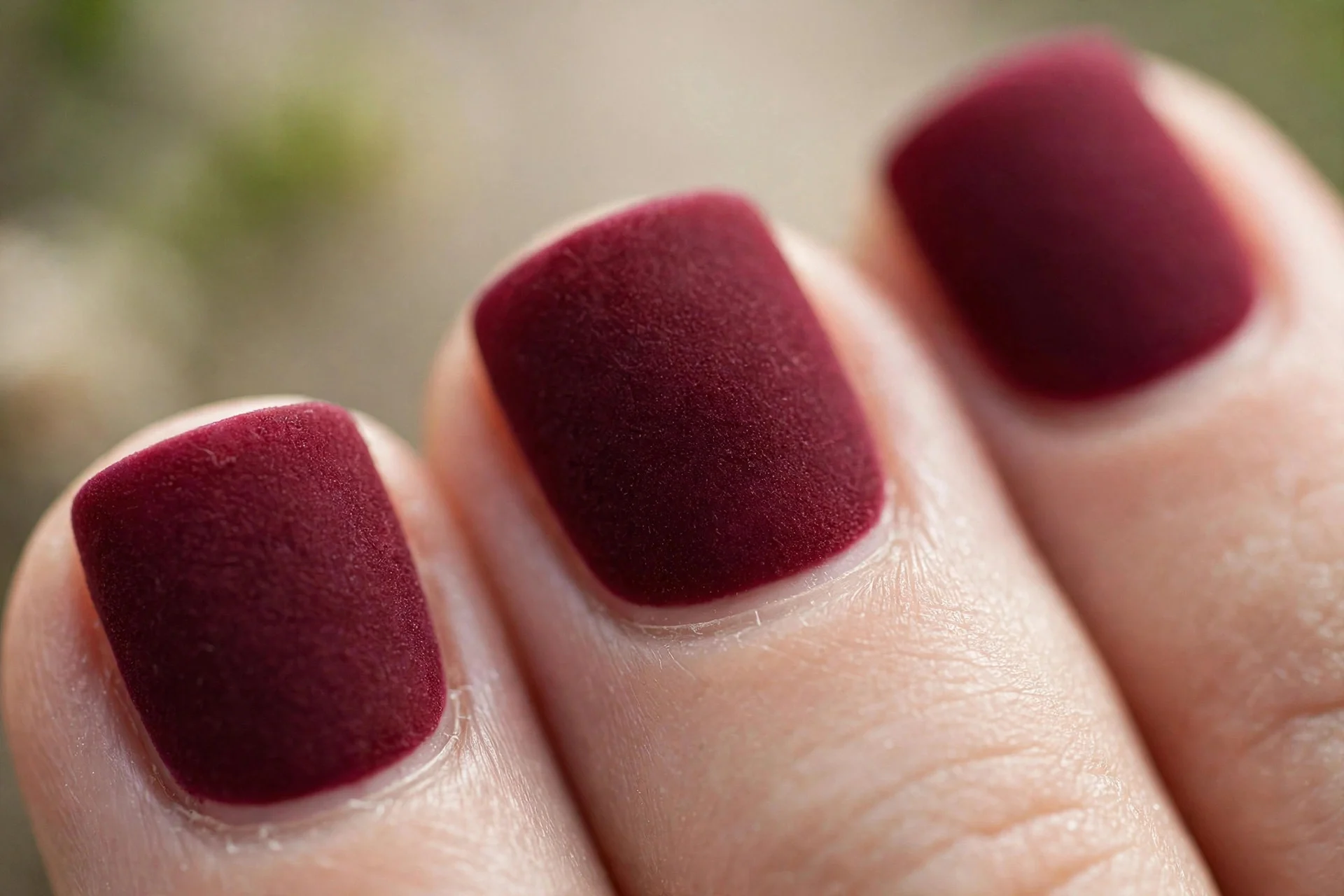 short square nails in burgundy with a velvet matte finish