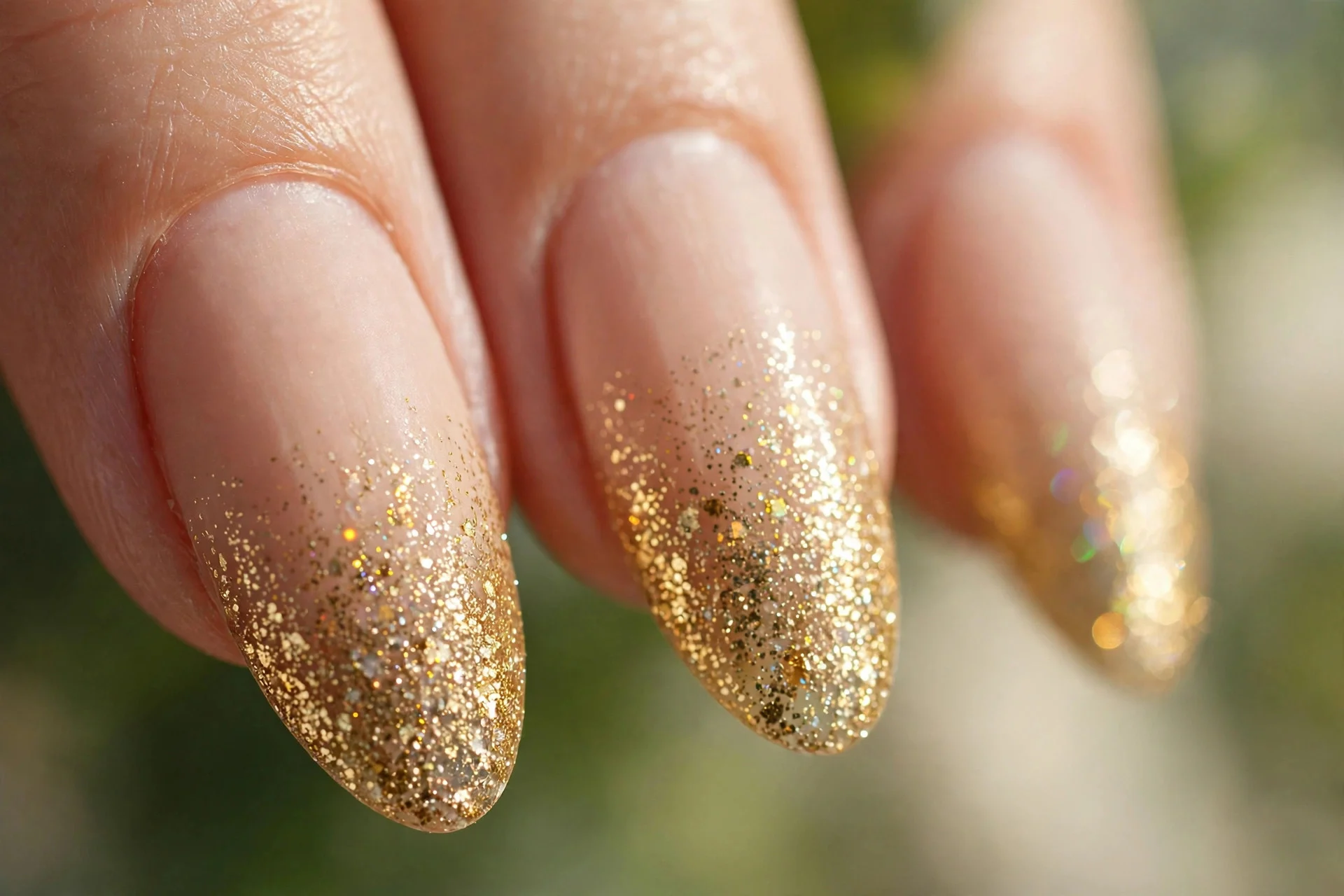 almond nails with gold glitter ombre over a nude base