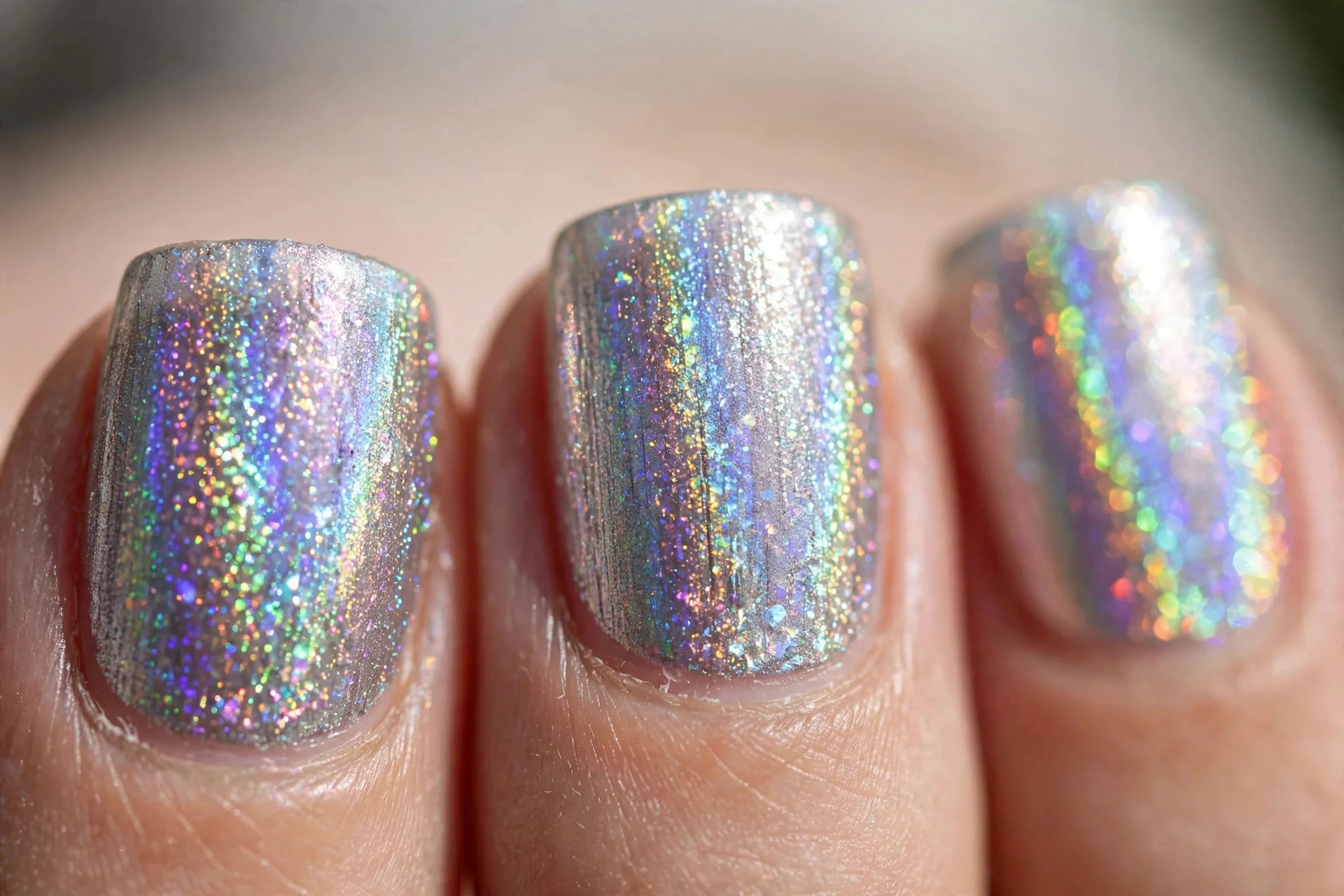 short square nails with a rainbow holographic finish