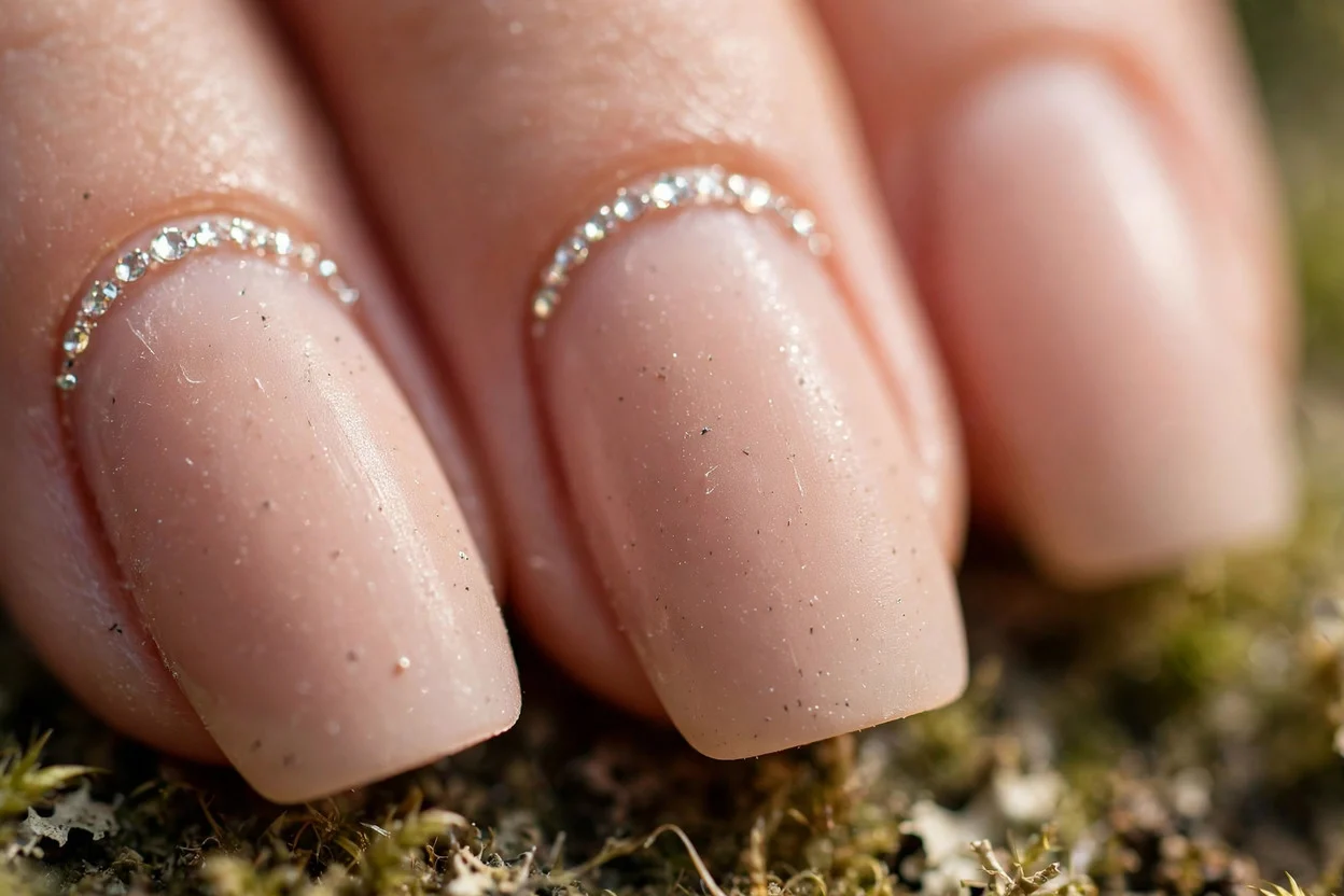 nude press-on nails with rhinestones tracing the cuticle