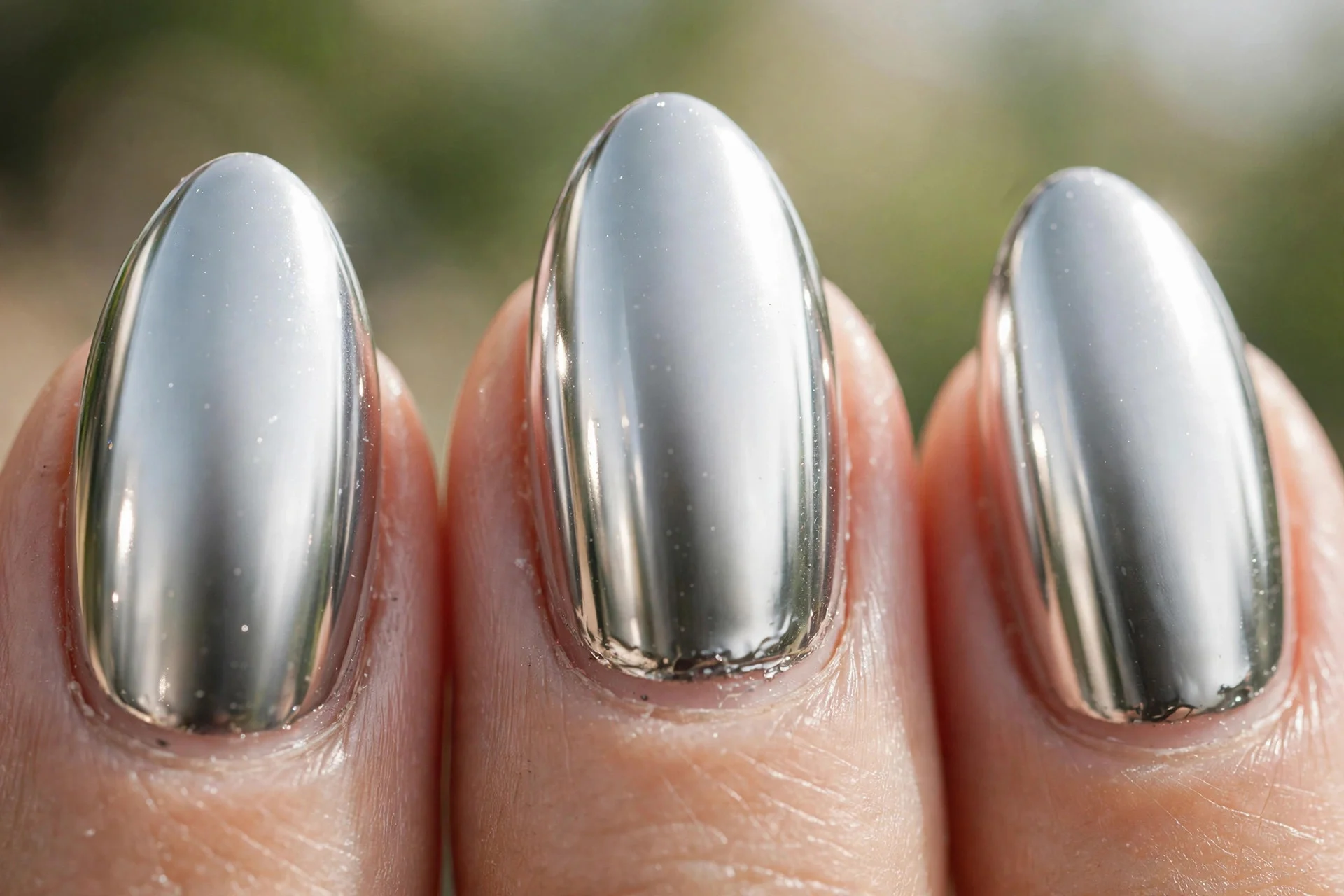 almond nails with a mirror-like silver chrome finish