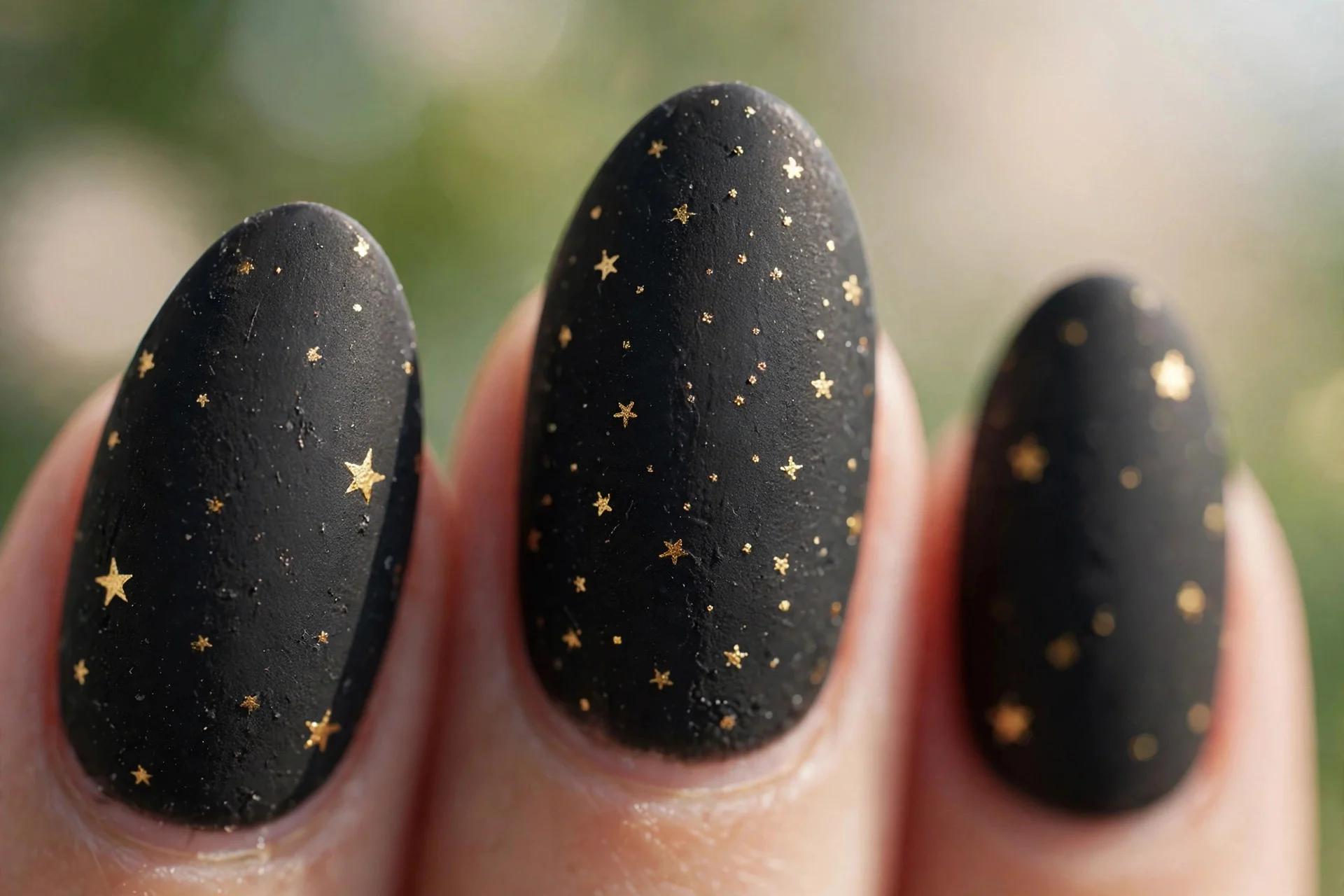 almond nails in matte black with tiny gold star decals