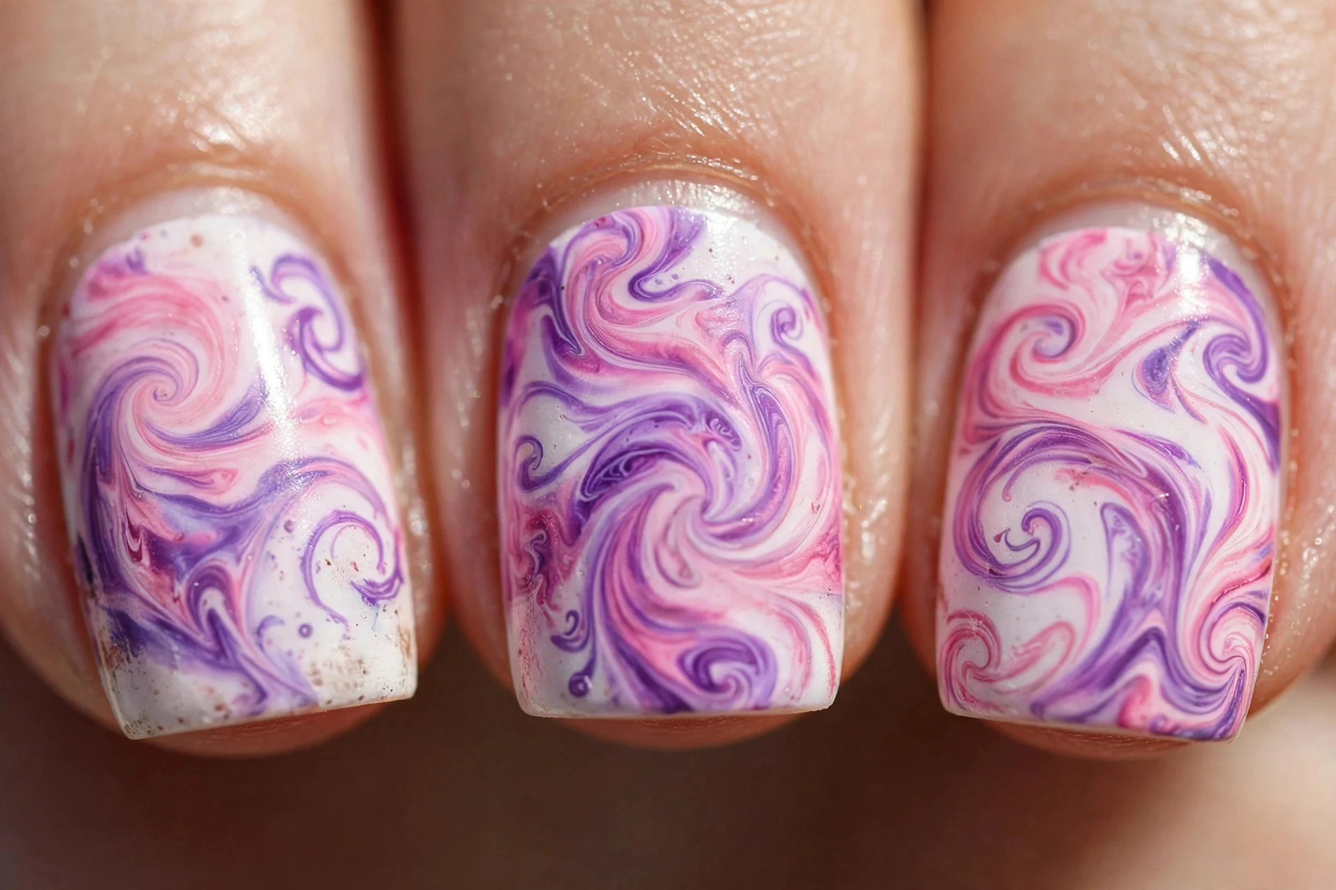 square nails with pink and purple tie-dye swirls