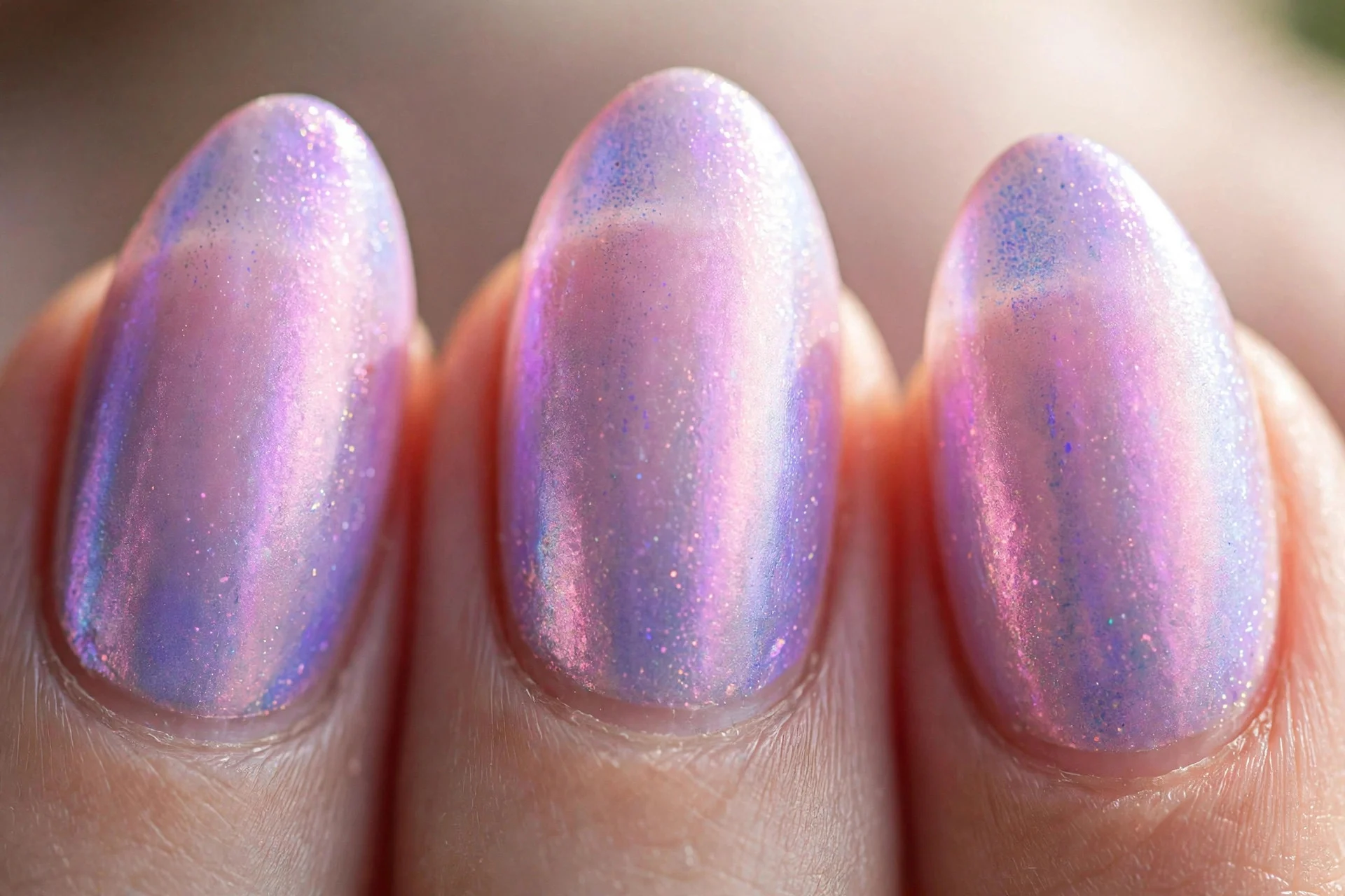 almond nails with a pink and lavender aura blend