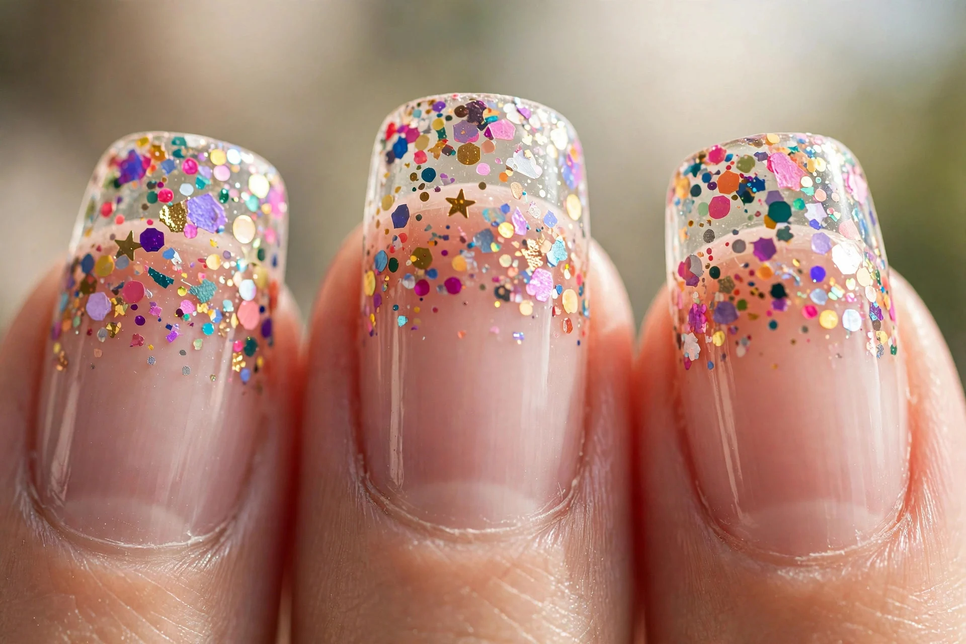 clear press-on nails with multicoloured confetti tips