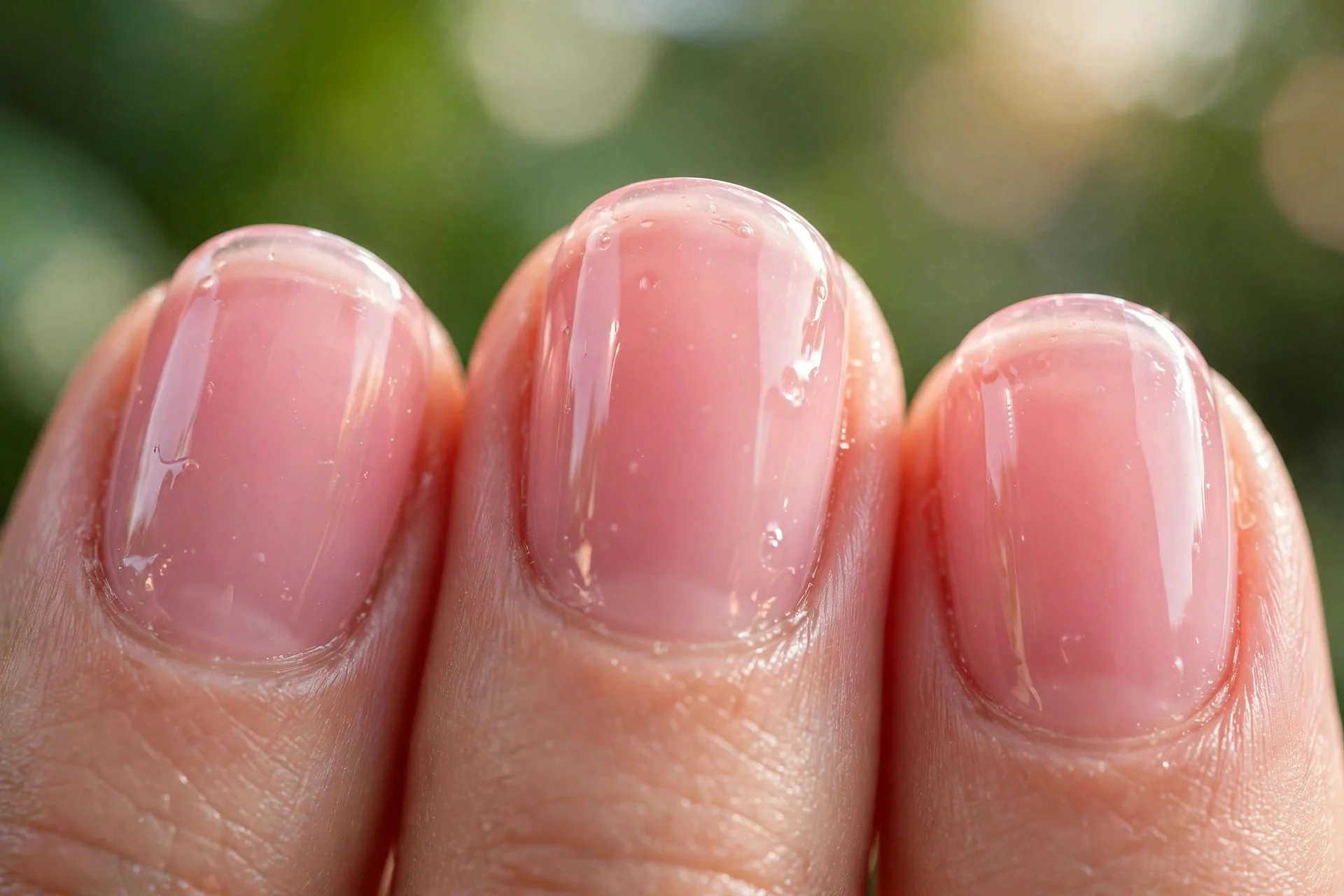 short rounded nails in sheer pink jelly polish