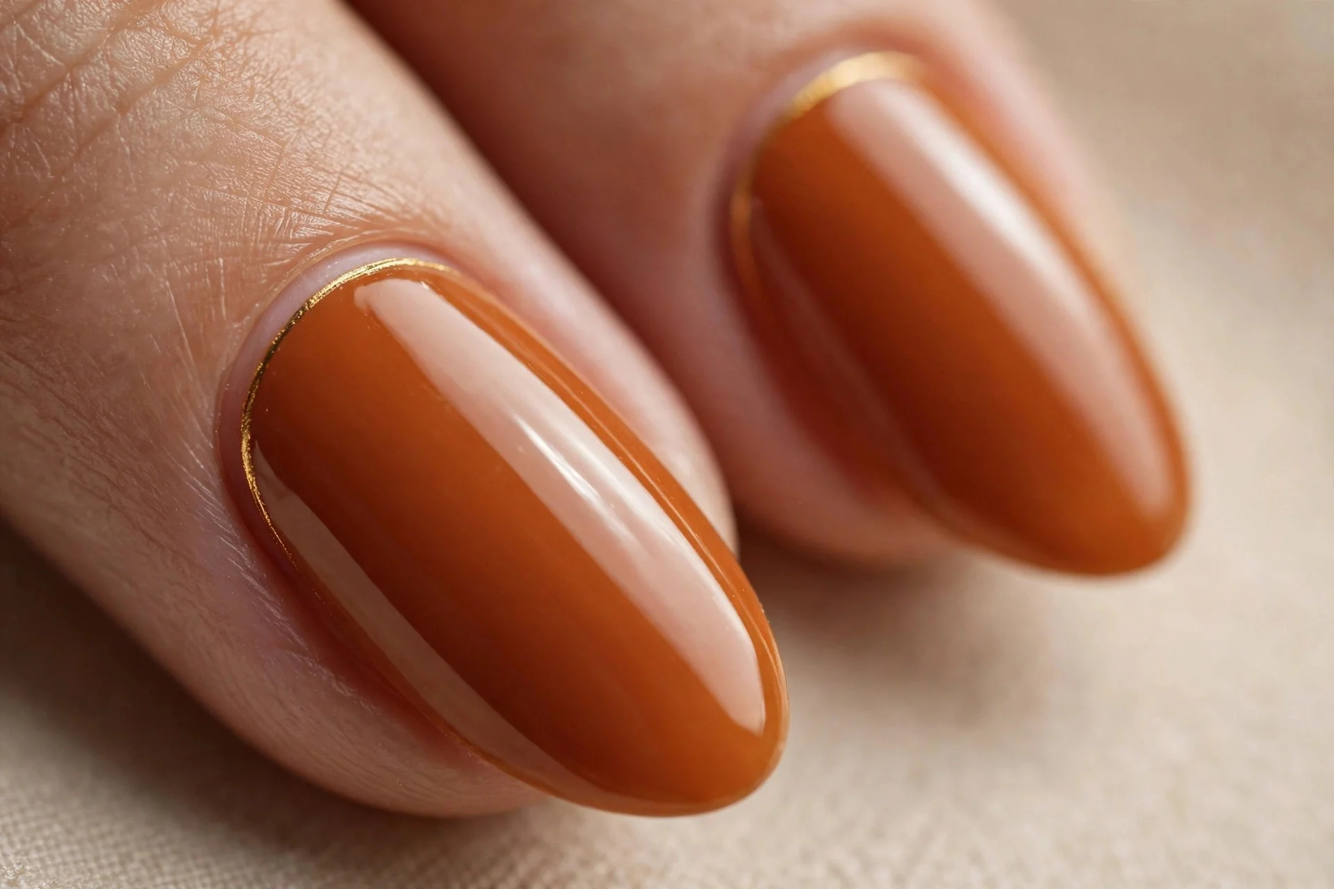 Almond nails in pumpkin creme with thin gold line along the cuticle, glossy, beige background