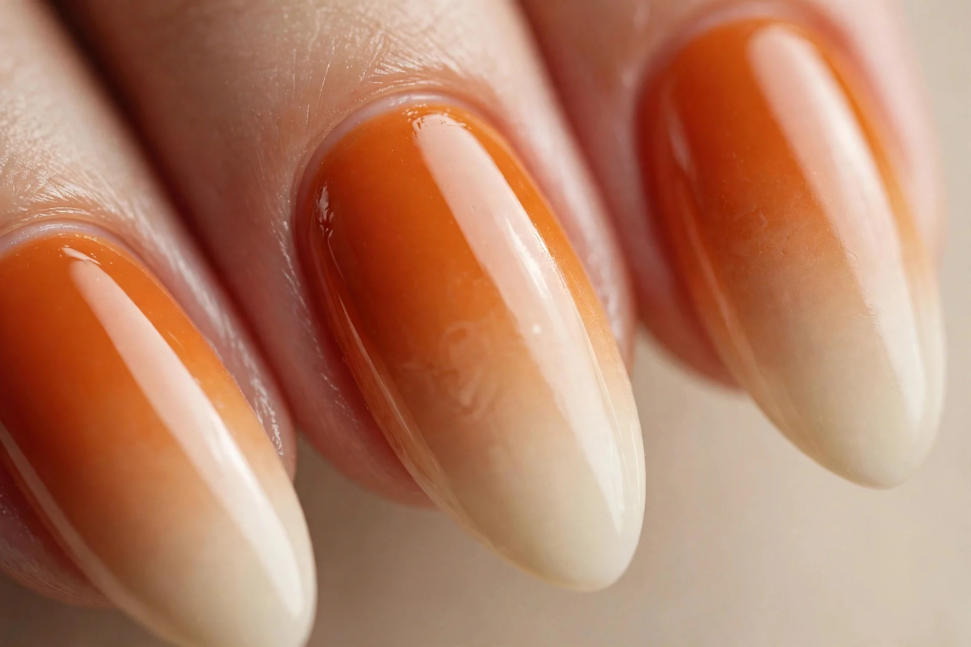 Almond nails with pumpkin-to-cream ombre gradient, glossy, beige background