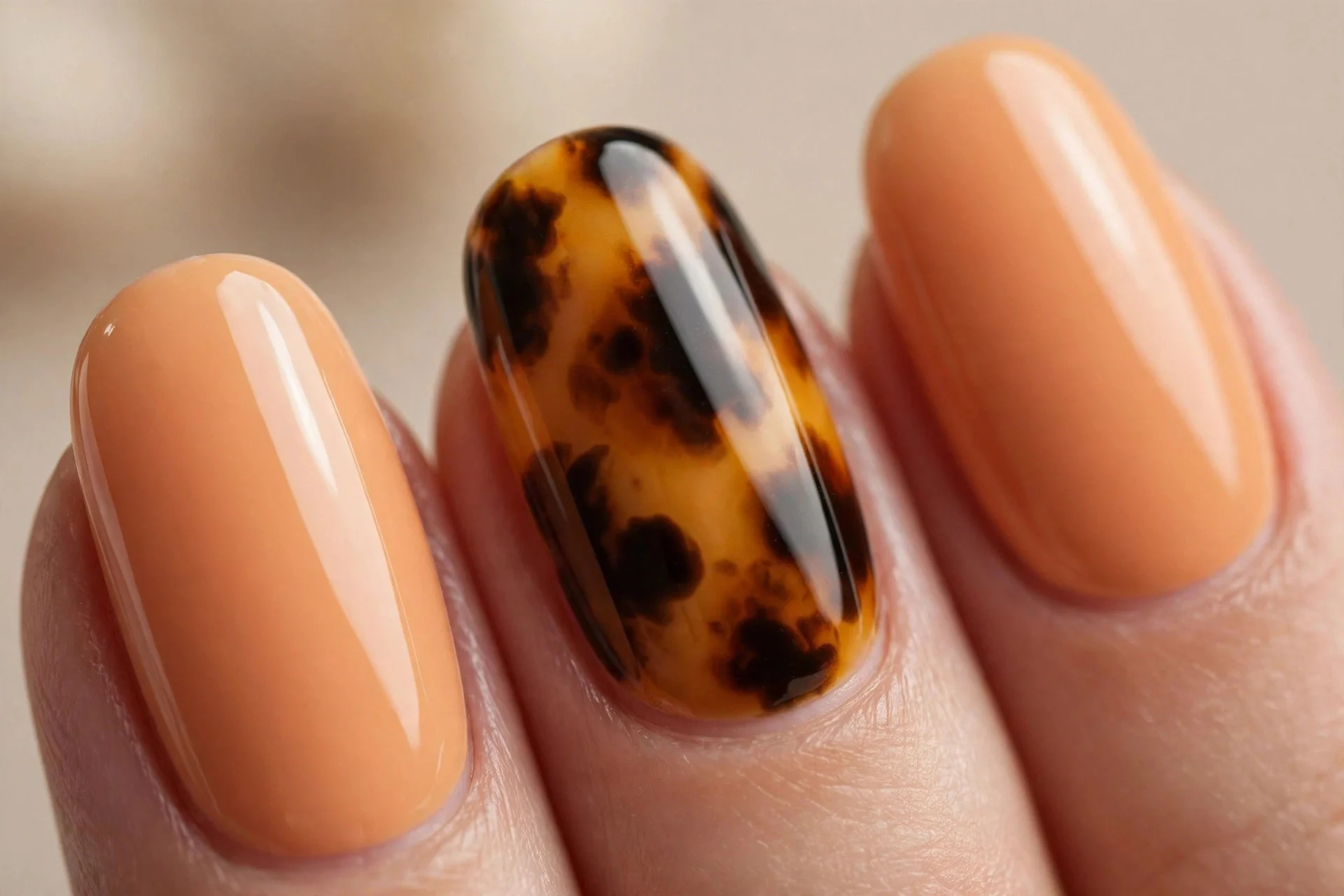 Almond nails, pumpkin creme with tortoise-shell accent nails, glossy, beige background