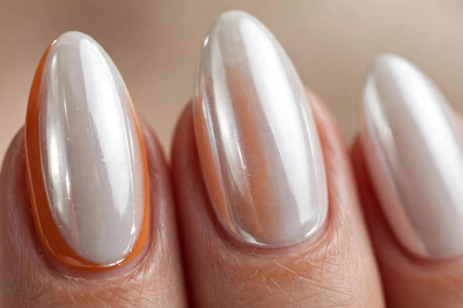 Almond nails with pumpkin base and white chrome glazed finish, glossy, beige background