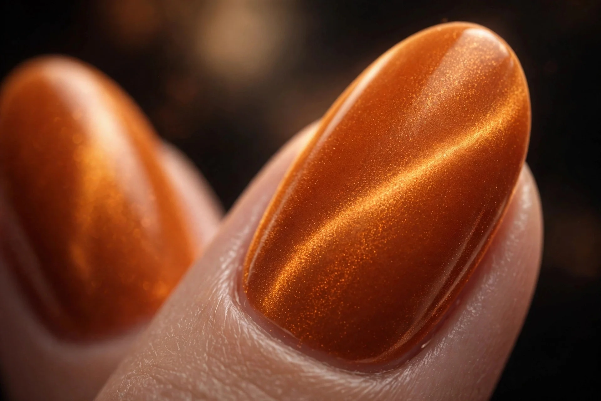 Almond nails with pumpkin velvet magnetic polish, diffused glow, glossy, dark background