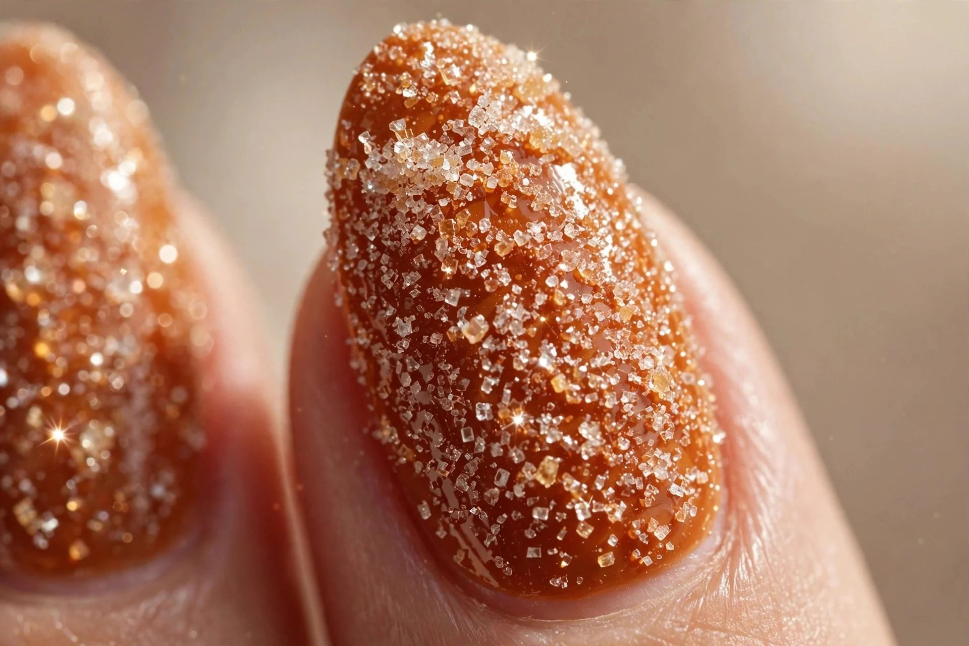 Almond nails in pumpkin with sugared texture powder finish, crystalline, beige background