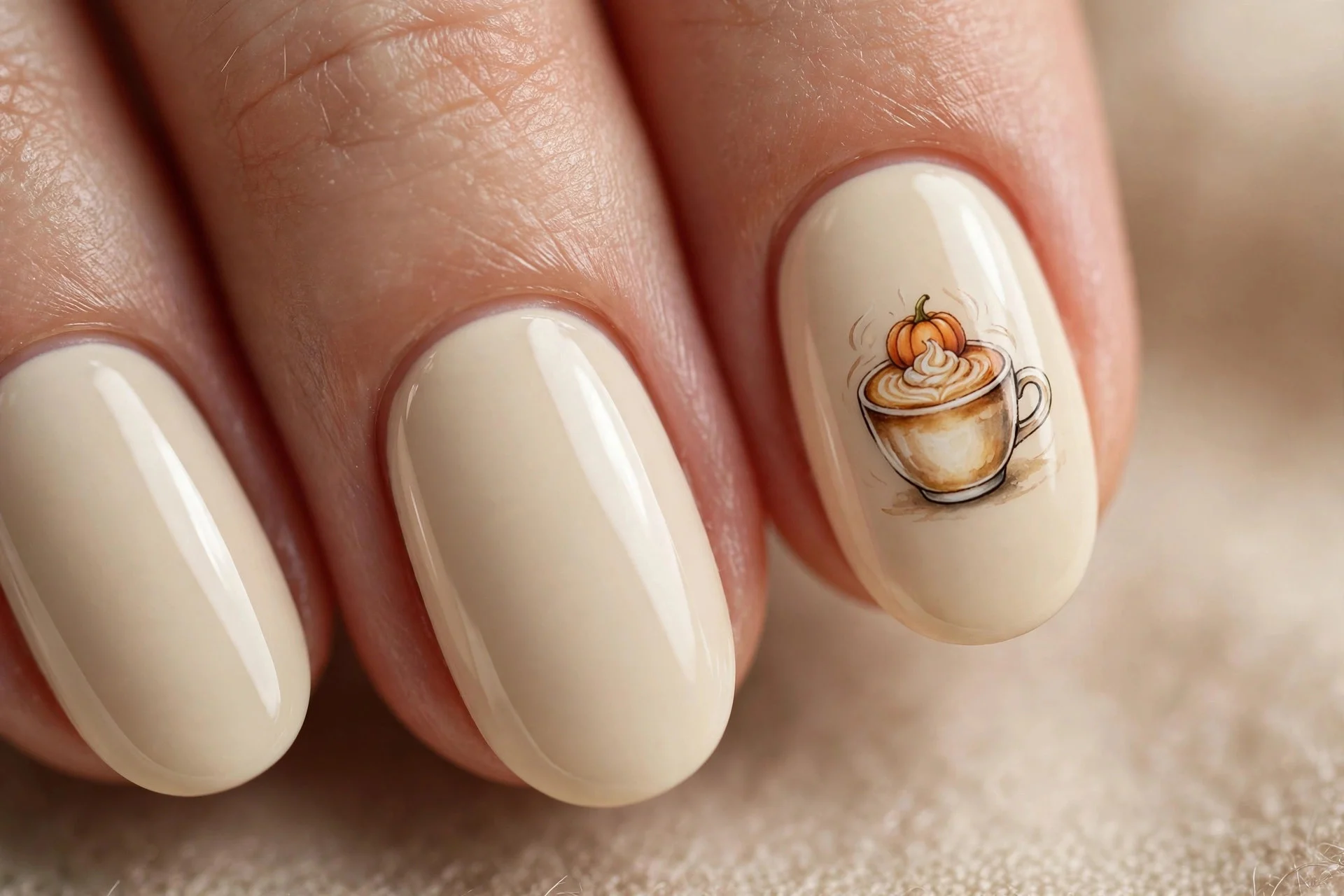 Oval nails in cream with hand-painted pumpkin latte cup accent nail, glossy, beige background