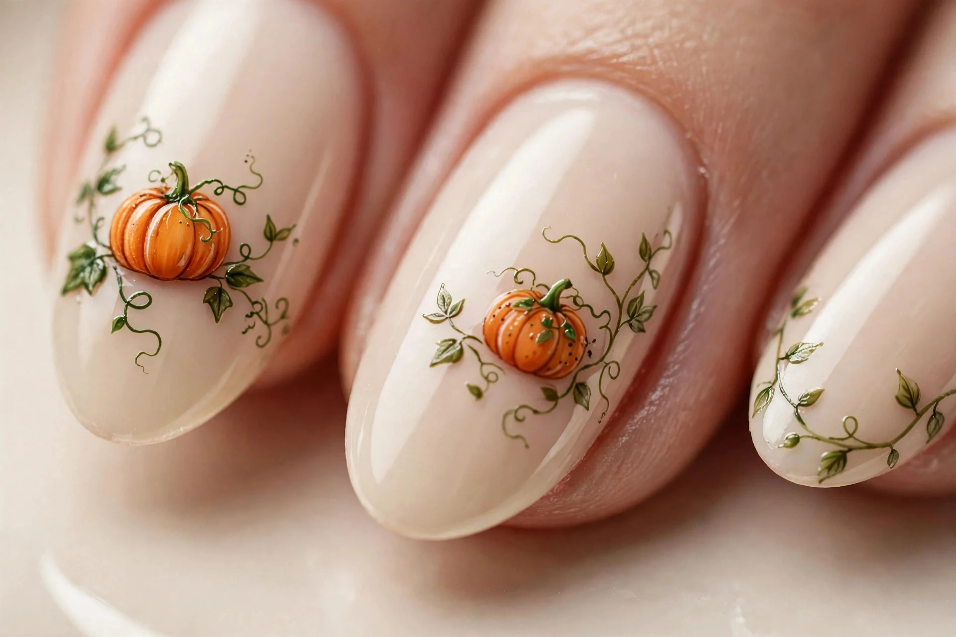 Almond nails with hand-painted mini pumpkins and vines over nude, glossy, cream background