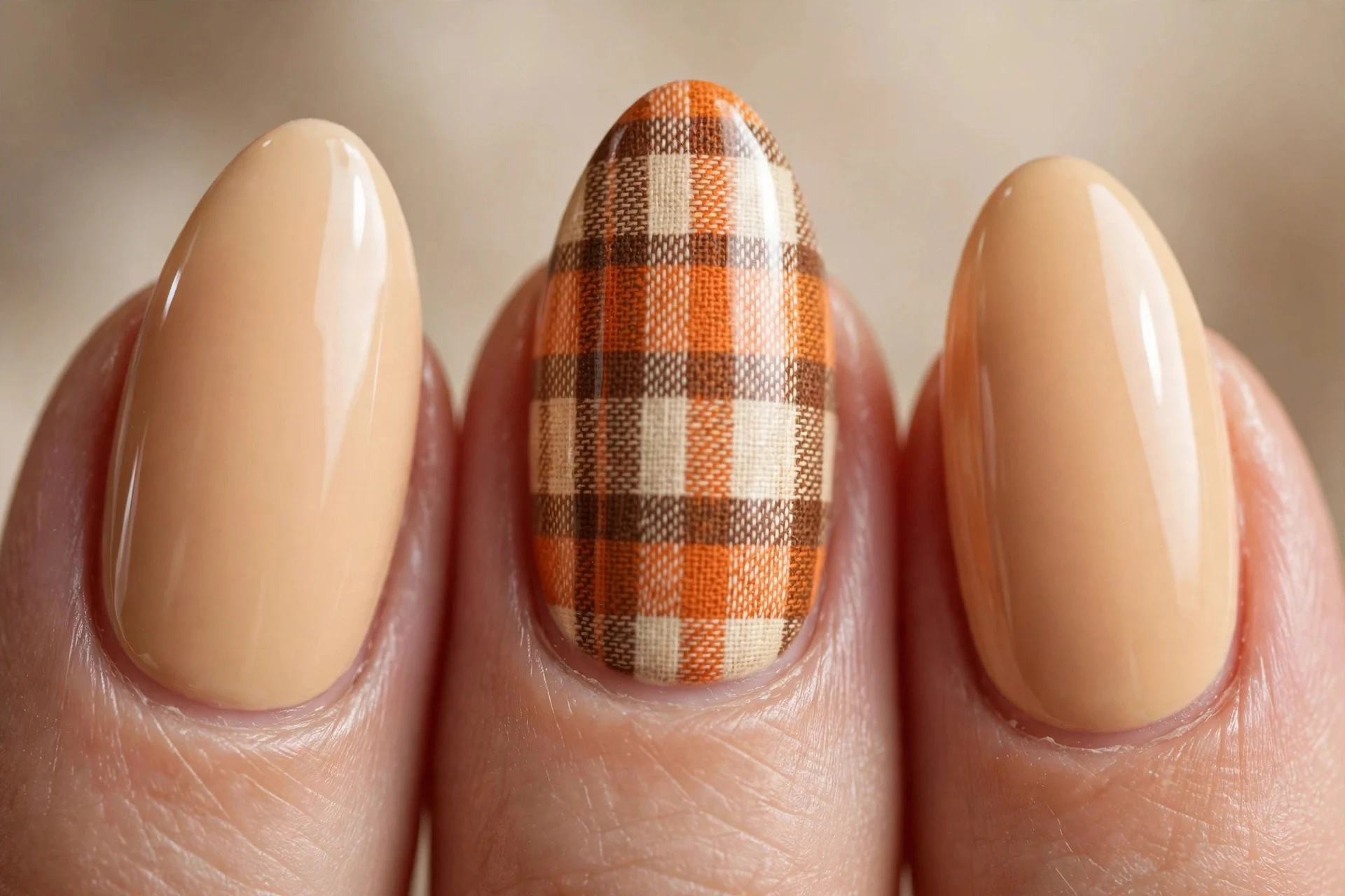 Almond nails in pumpkin creme with flannel plaid accent nails, glossy, beige background